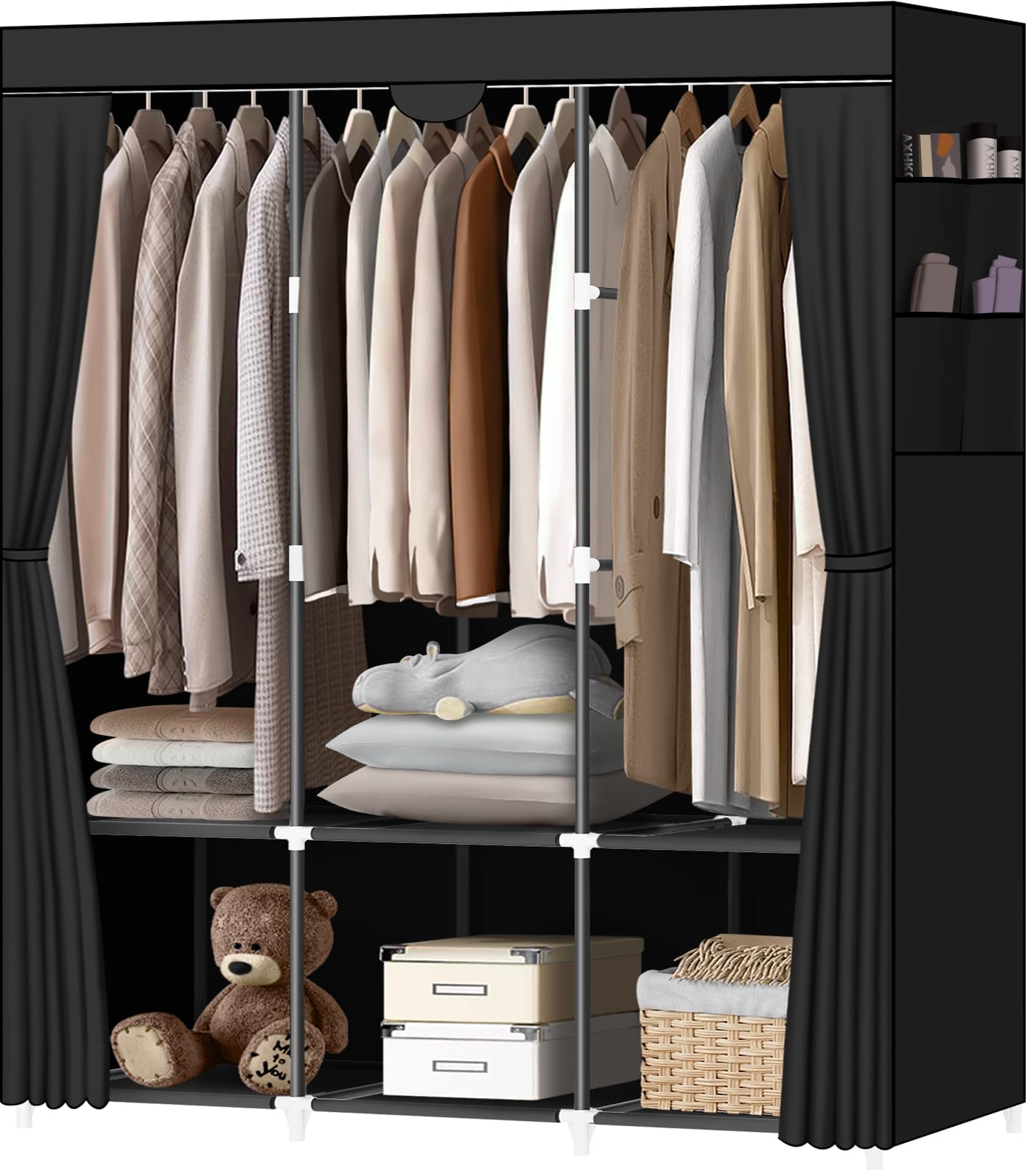 LOKEME Portable Closet Organizer - 3-Tier Hanging Rods, 6 Storage Shelves & 4 Side Pockets - Easy Assembly Black Wardrobe for Clothes Storage | Perfect for Small Spaces, Dorm Rooms, Camping & Temporary Closet Solutions