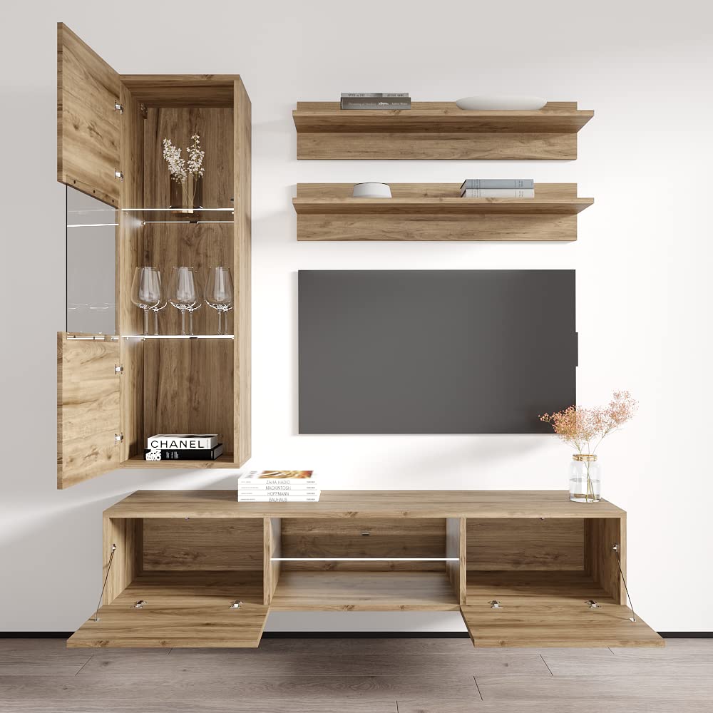 Modern Oak Floating TV Stand with LED Lights & Storage - Wall-Mounted Entertainment Center for Living Room & Bedroom - Space-Saving TV Console with Shelves - Perfect for Small Apartments & Home Theater Setup