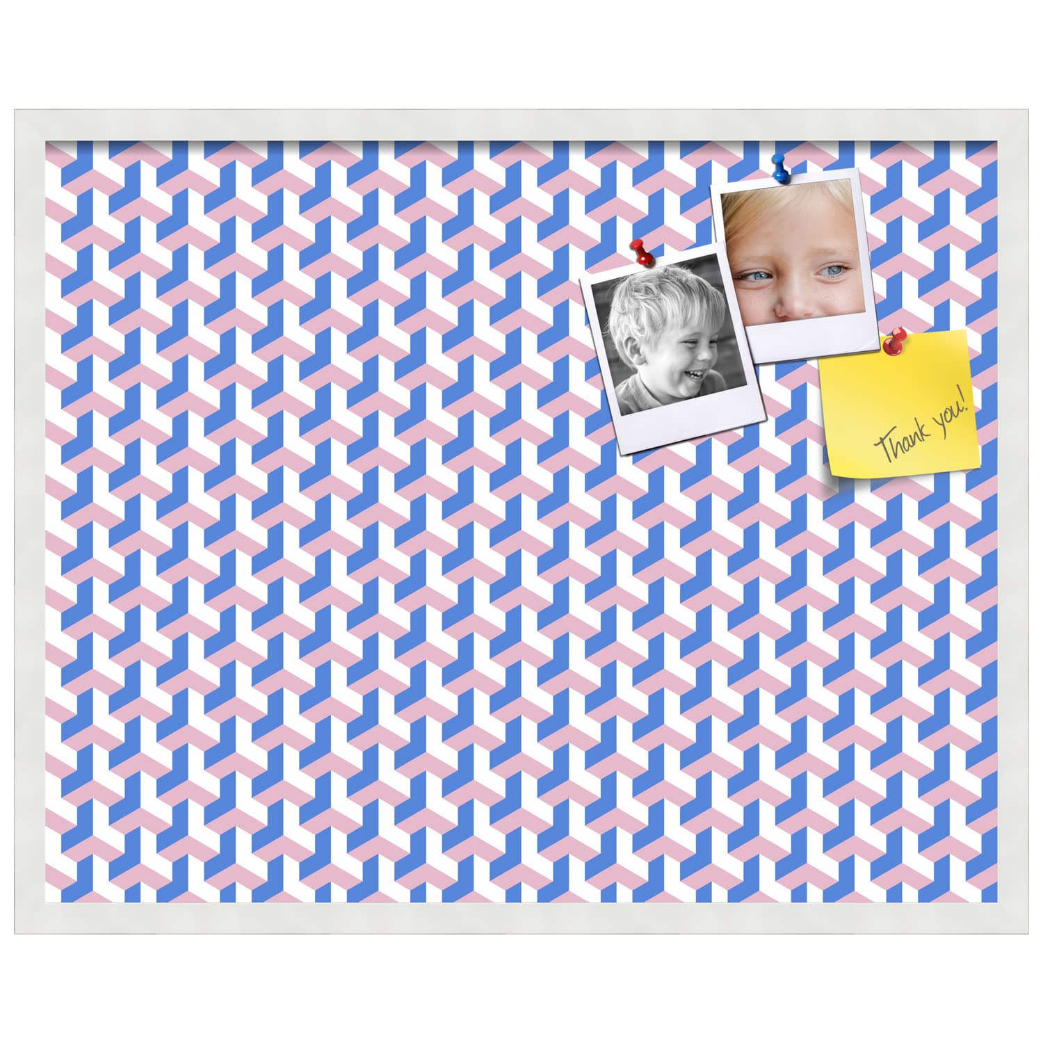PinPix 30x24 Inch Cork Bulletin Board with BAUS Blue Pink Design & Satin White Frame - Decorative Framed Pin Board for Home Office School Decor - Perfect for Notes, Photos, Reminders and Wall Organization