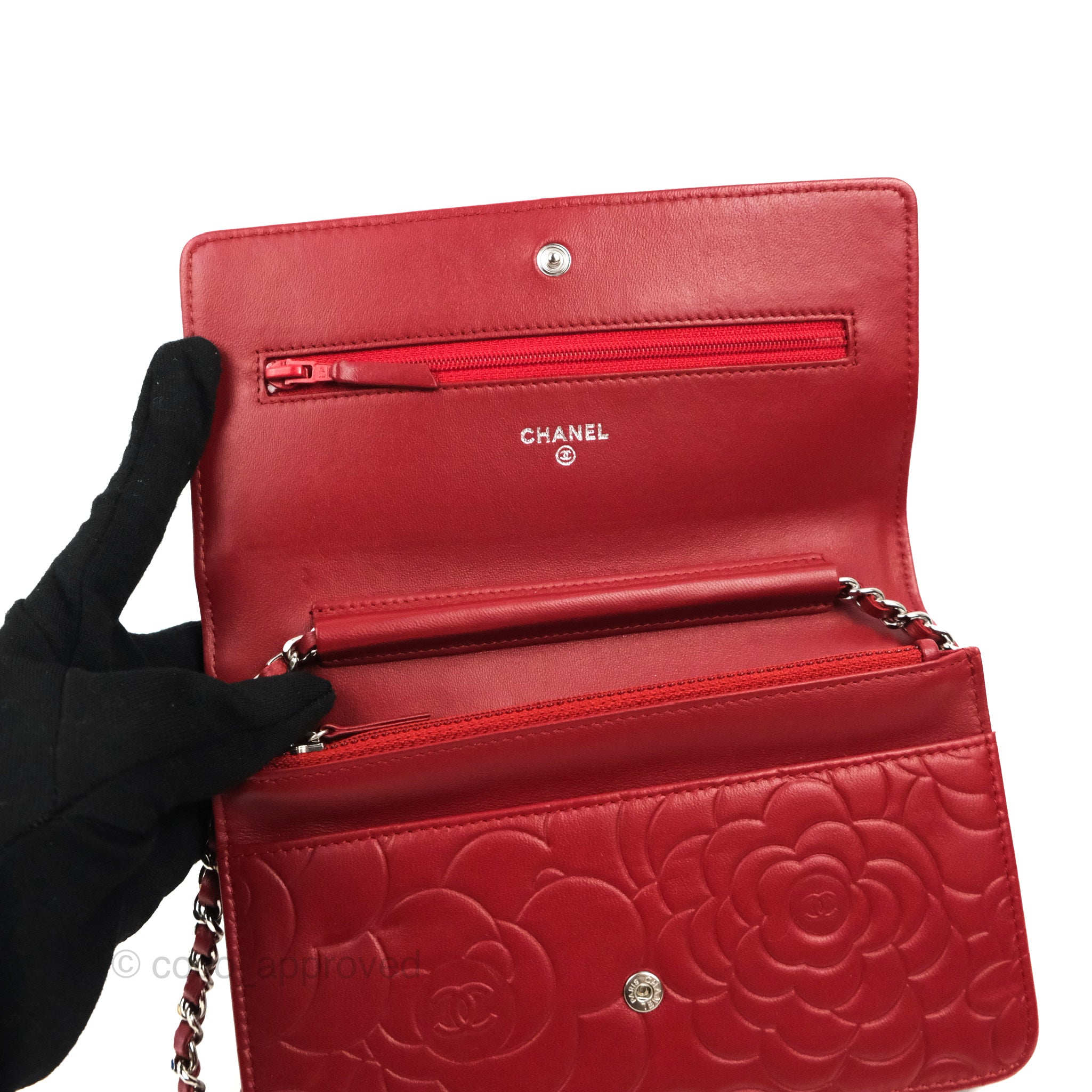 Chanel Camellia Embossed Wallet on Chain WOC in Red Lambskin with Silver Hardware - Luxury Crossbody Bag for Women, Perfect for Evening Events & Date Nights