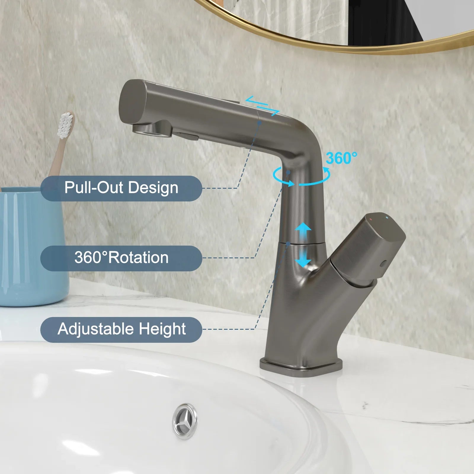 Lordear Stainless Steel 3-Mode 360° Rotating Pull Down Sprayer Bathroom Faucet - Perfect for Kitchen Sink, Bathroom Vanity & Utility Sink Installation
