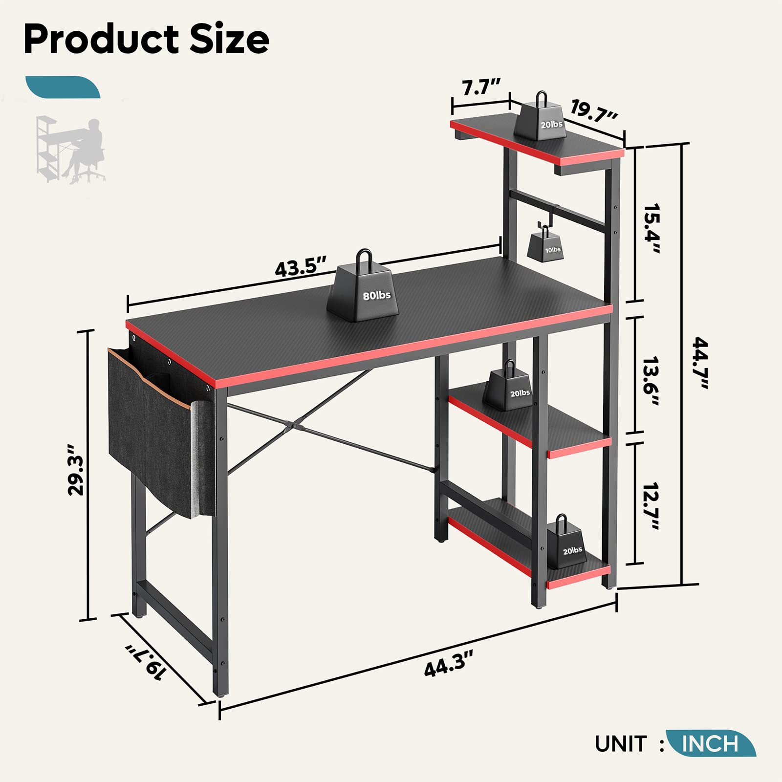 Bestier 44 Inch Gaming Desk with LED Lights - Compact PC Gamer Desk for Small Spaces, Computer Desk with Reversible Storage Shelves & Side Storage Bag (Black 3D Carbon Fiber) - Perfect for Esports, Streaming & Home Office Setup