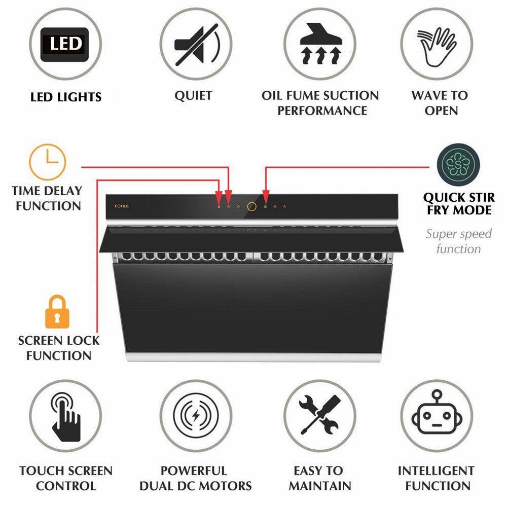 Fotile JQG9006 36-Inch 1000 CFM Wall Mount Range Hood - Motion & Touch Control Onyx Black - Powerful Kitchen Ventilation for Gas Stoves & Cooking Areas