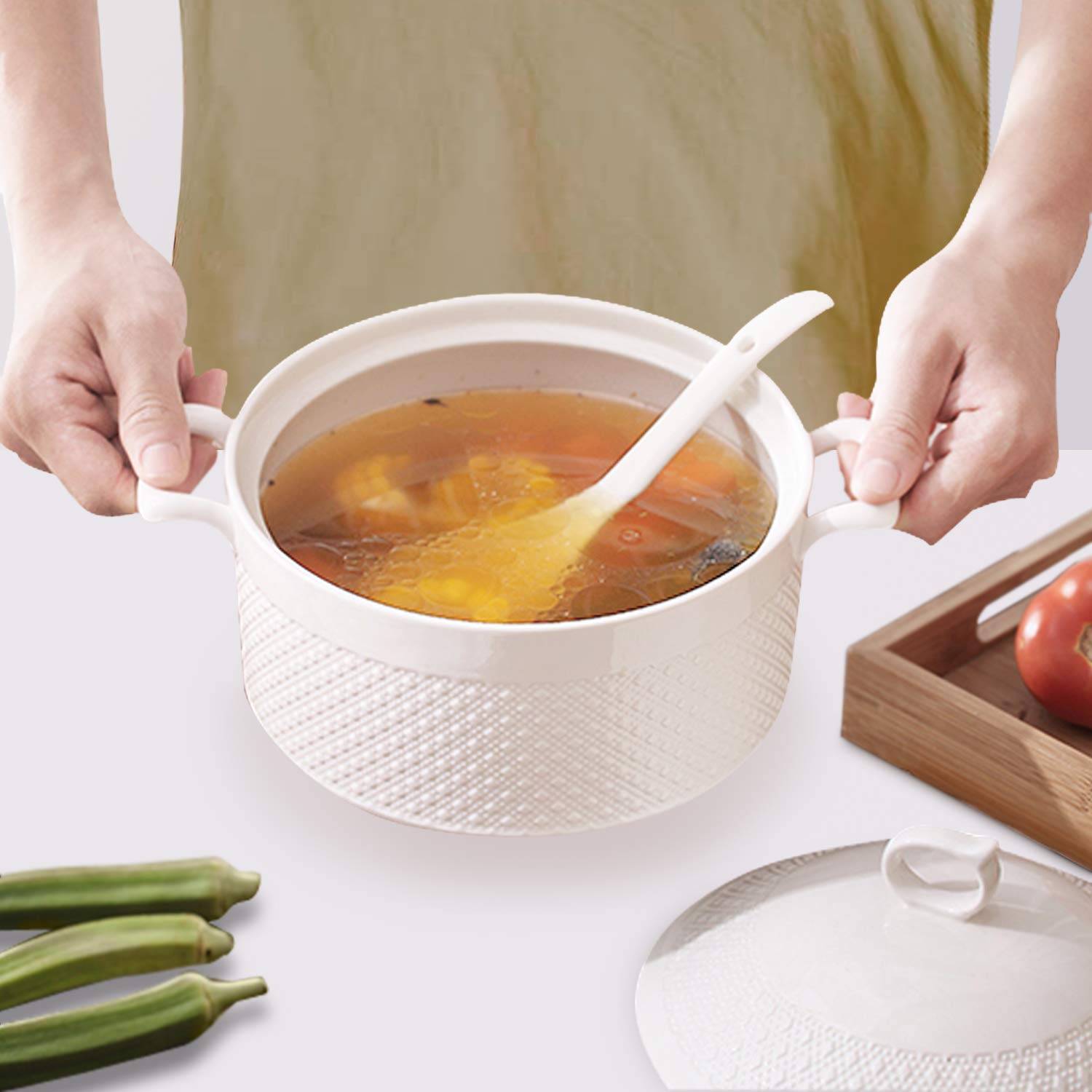 BAKOUSTAR 9-Inch Double Handle Pure White Ceramic Soup Tureen with Lid - Heat-Resistant Round Casserole Dish, Clay Pot & Earthen Cookware - Perfect for Serving Soups, Stews & Hot Dishes - Elegant Gift Box Packaging