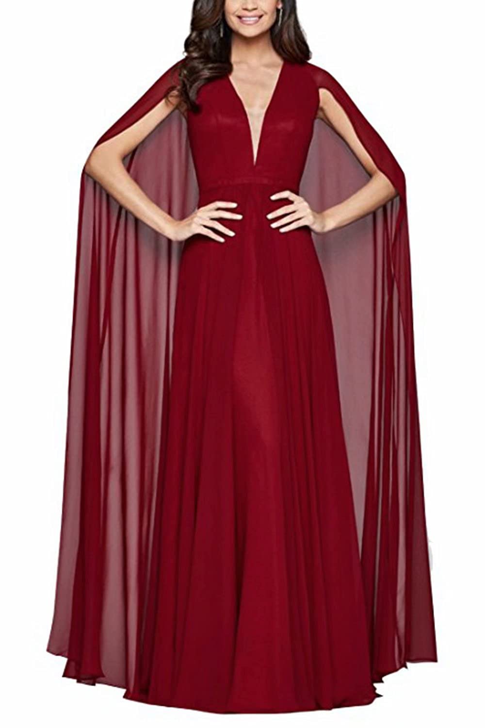 Elegant V-Neck Chiffon Prom Dress with Cape - Formal Mother of The Bride Gown for Evening Parties, Weddings & Special Occasions