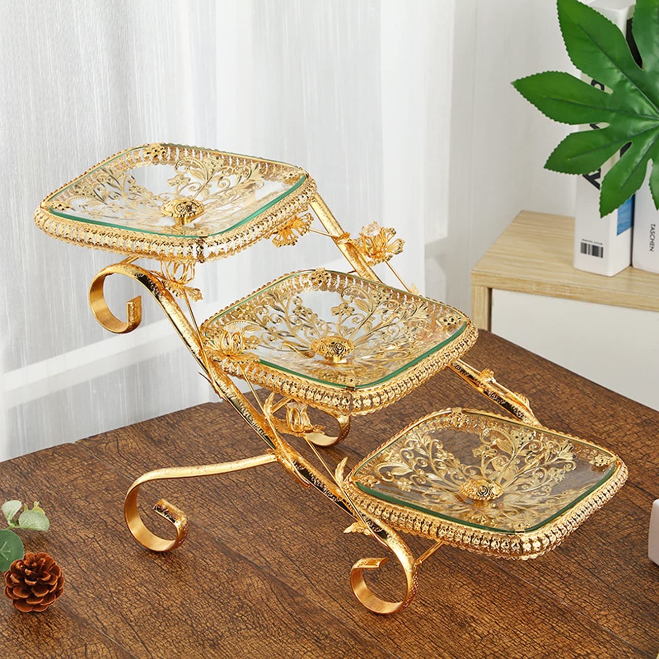 Premium 3-Tier Glass & Alloy Candy Display Plates - Elegant Fruit Bowl & Dried Fruit Tray for Kitchen Snacks, Nuts Storage - Perfect for Parties, Dessert Displays & Home Decor