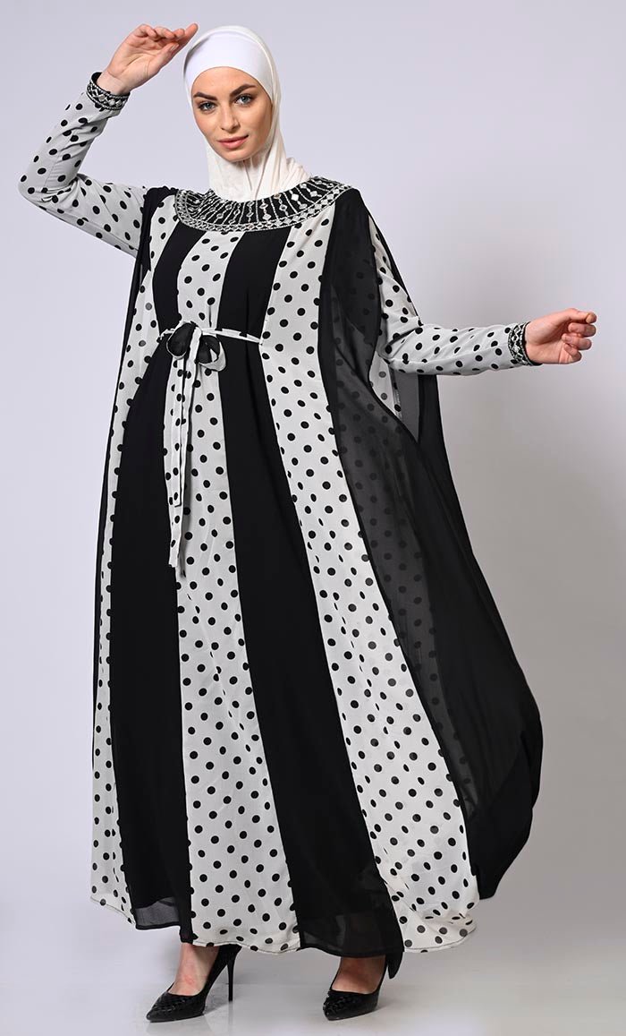 Elegant Polka Dot Kaftan Abaya with Mirror Embroidery & Belt - Perfect for Eid, Weddings & Special Occasions