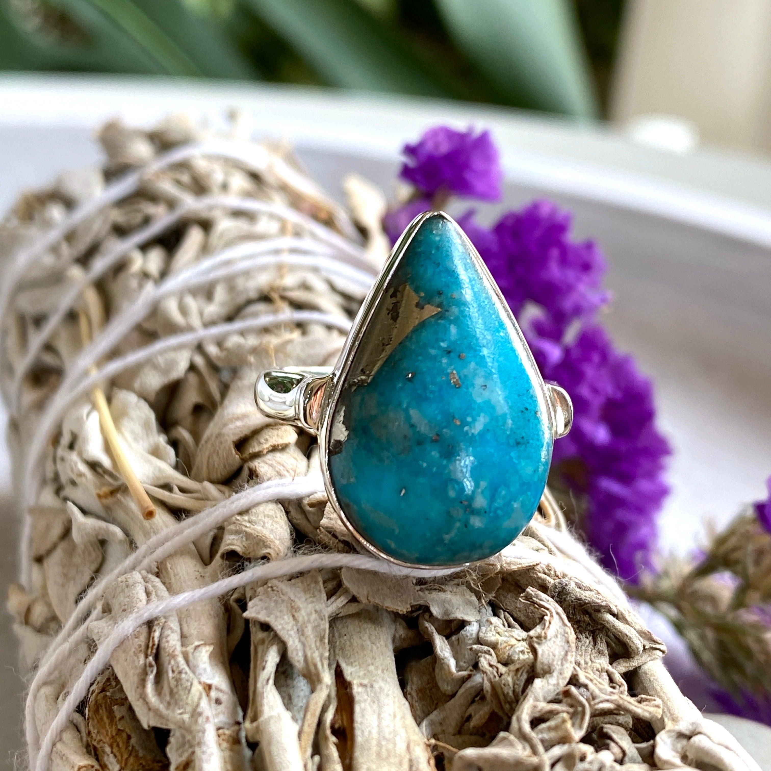 Persian Turquoise with Pyrite Teardrop Ring - Size 9 - KRGJ2522 - Elegant Boho Jewelry for Women, Perfect for Weddings, Parties & Everyday Wear