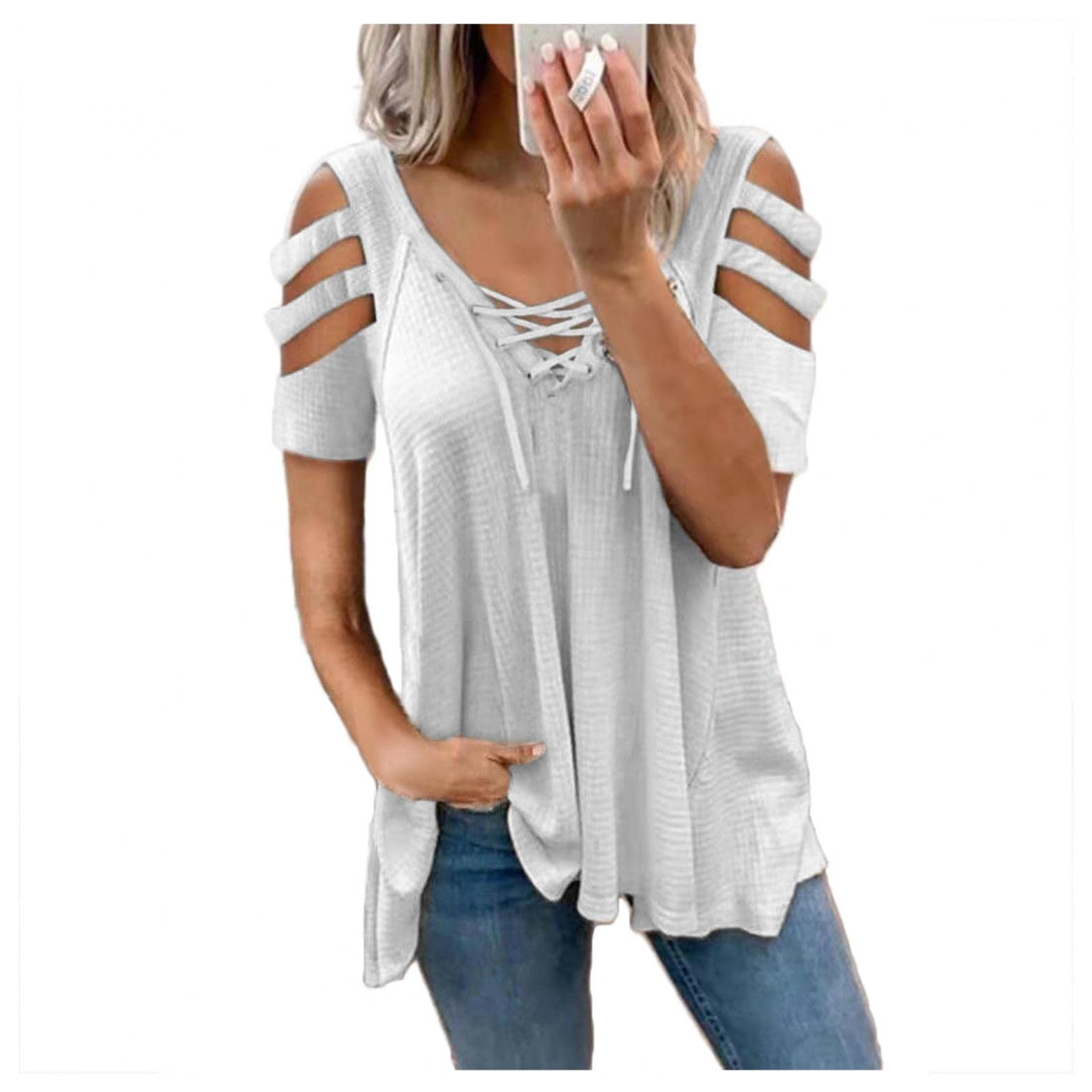 Stylish Women's Off Shoulder Zip Up V-Neck T-Shirt - Loose Fit Short Sleeve Graphic Blouse for Casual Wear & Summer Outfits | Perfect for Dates, Parties, and Everyday Fashion