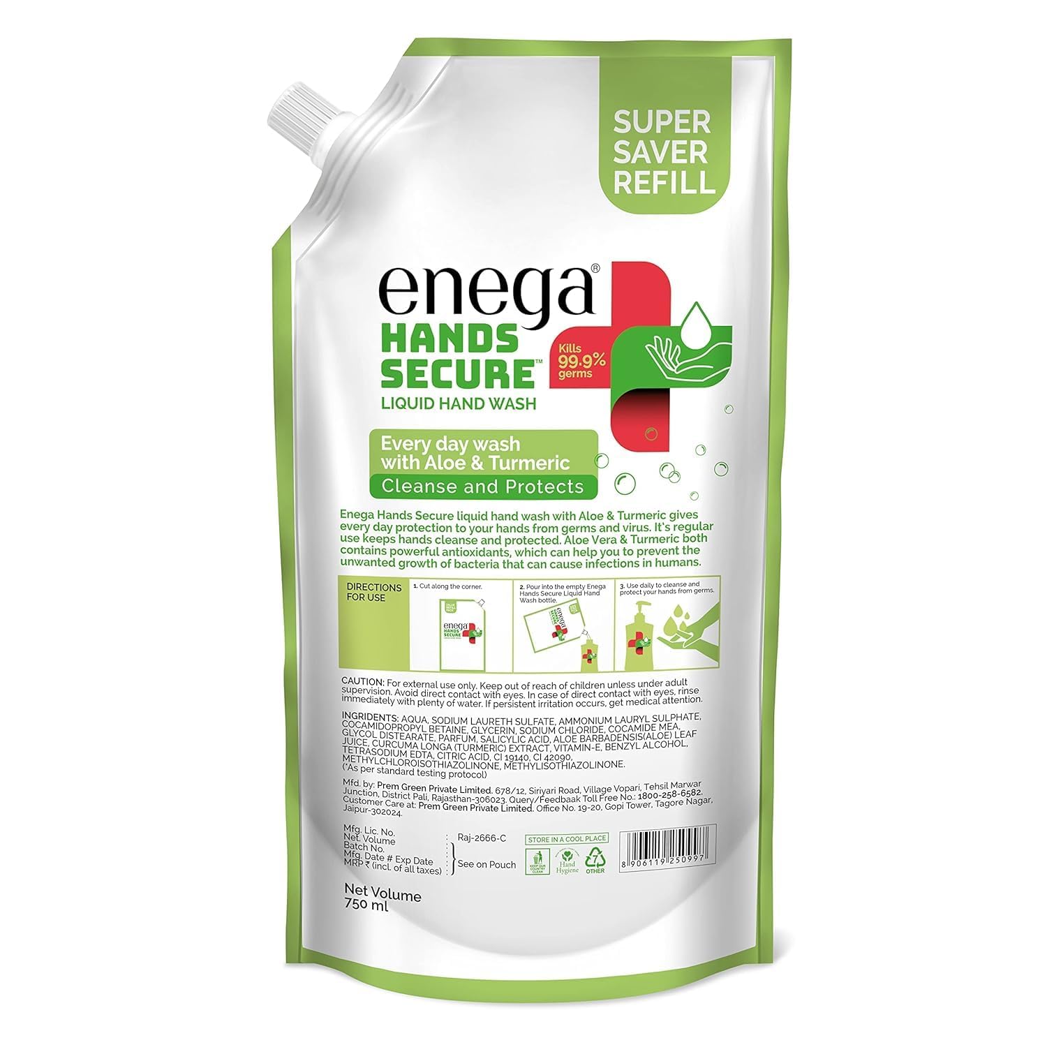 Enega Hands Secure Liquid Hand Wash with Aloe Vera & Turmeric Extract - 750ml | Moisturizing & Antibacterial Hand Soap for Home, Kitchen, and Office Use