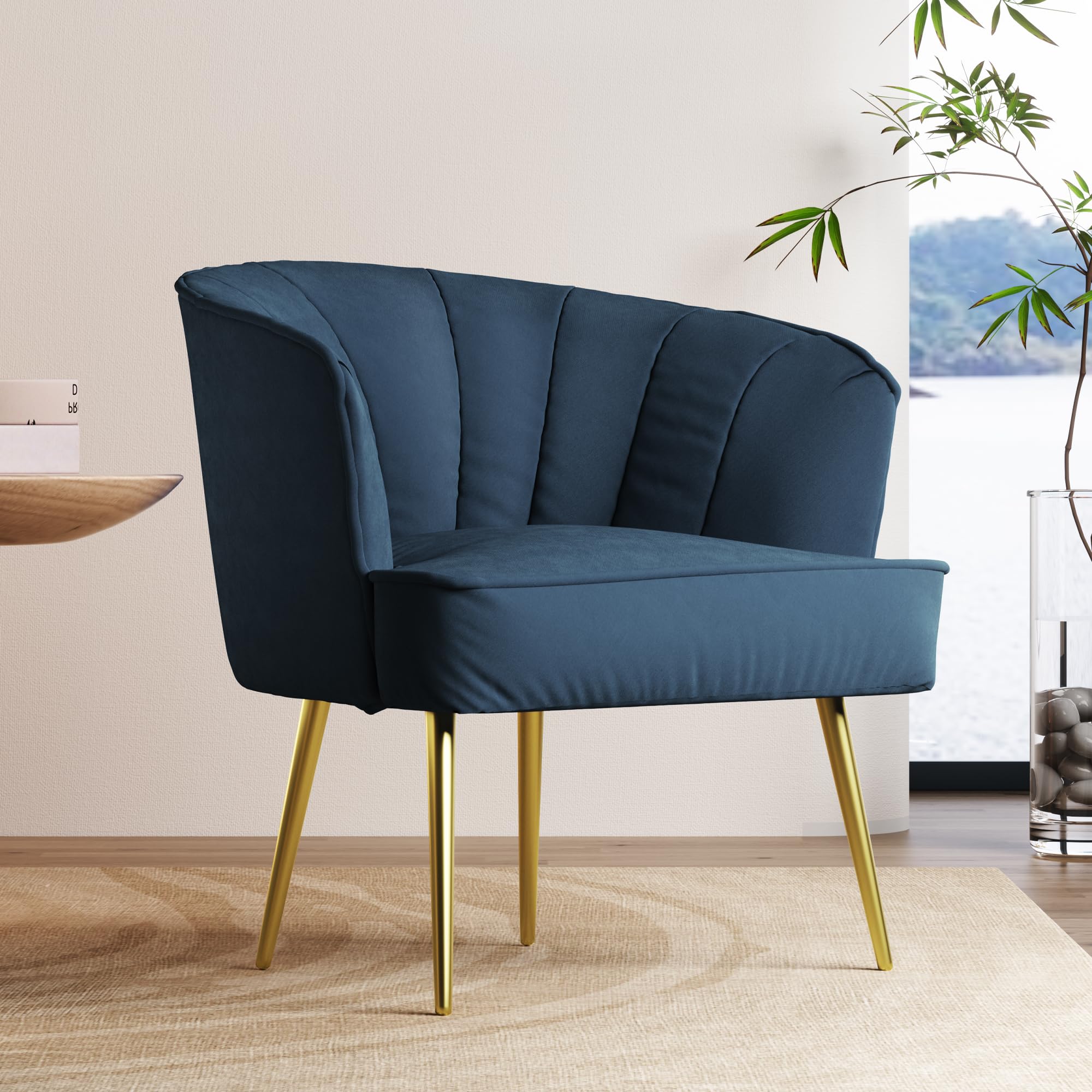 Modern Velvet Lounge Chair with Golden Metal Legs - Blue Accent Side Chair for Living Room, Bedroom, Dressing Room & Home Office - Perfect for Relaxing, Reading & Decorating Your Space