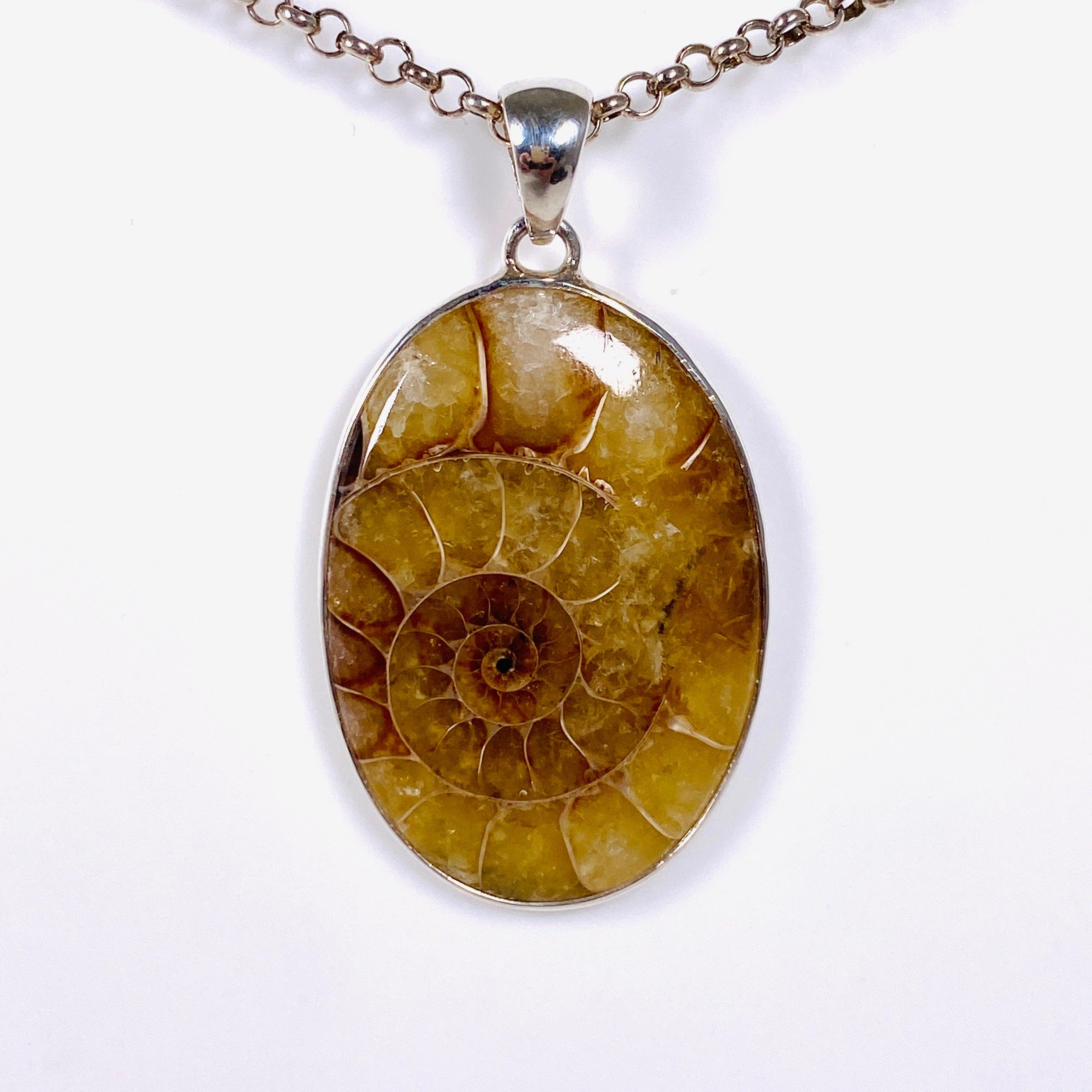 Natural Ammonite Fossil Oval Pendant Necklace KPGJ3460 - Elegant Jewelry for Women, Gift for Her, Perfect for Parties & Special Occasions