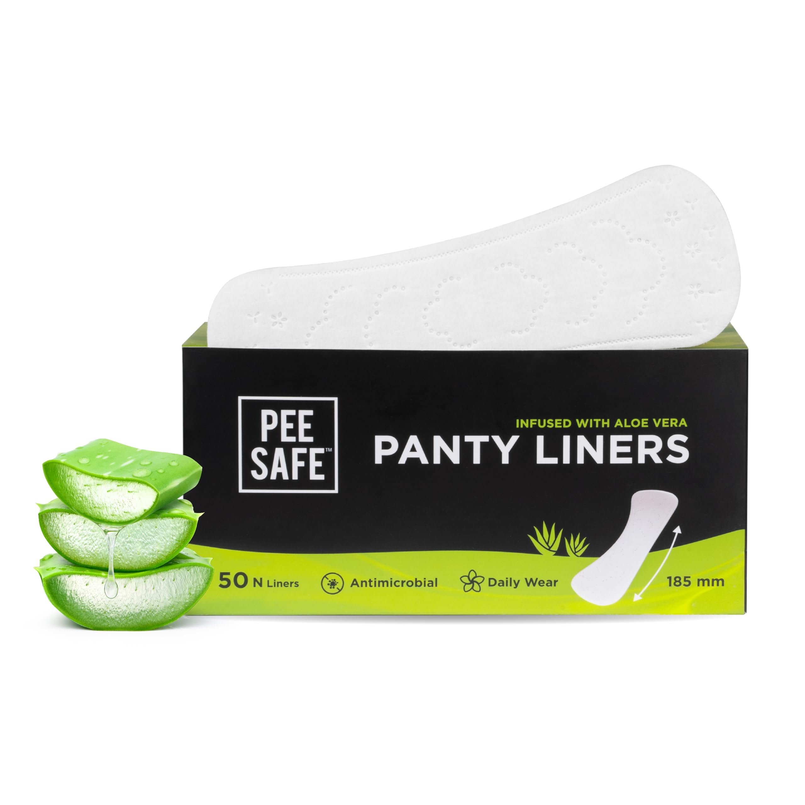 PEESAFE Aloe Vera Panty Liners - 50 Count | Ultra Soft Cotton Cover | 185mm Wide Curvy Design for Maximum Comfort & Protection | Perfect for Daily Use, Travel & Sensitive Skin Care