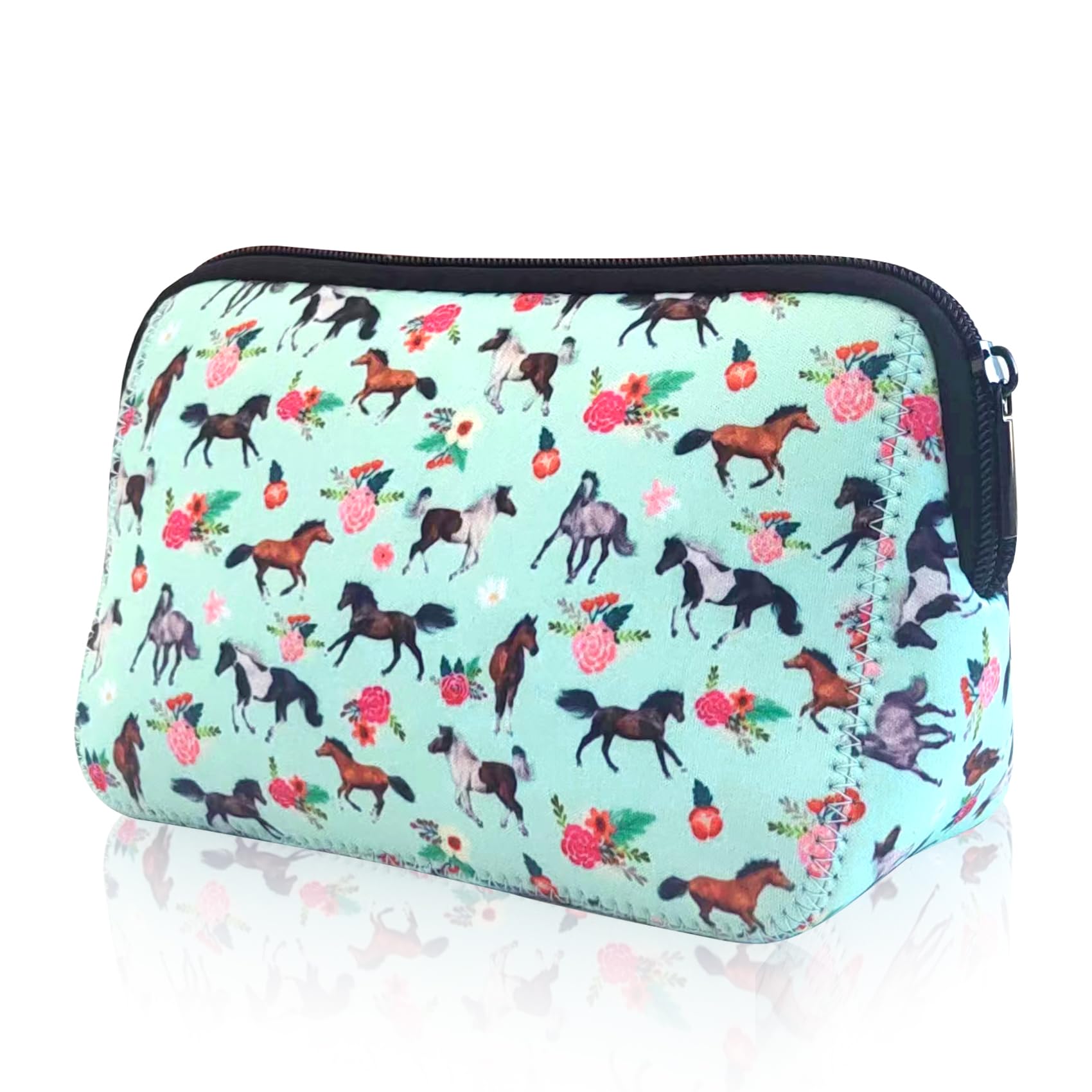 Waterproof Neoprene Makeup Bag for Women - Cute Horse Print Cosmetic Pouch with Zipper, Portable Travel Toiletry Organizer for Purse - Perfect Gift for Teacher, Mom, Sister & Girlfriend - Great for Travel, Gym & Daily Beauty Essentials