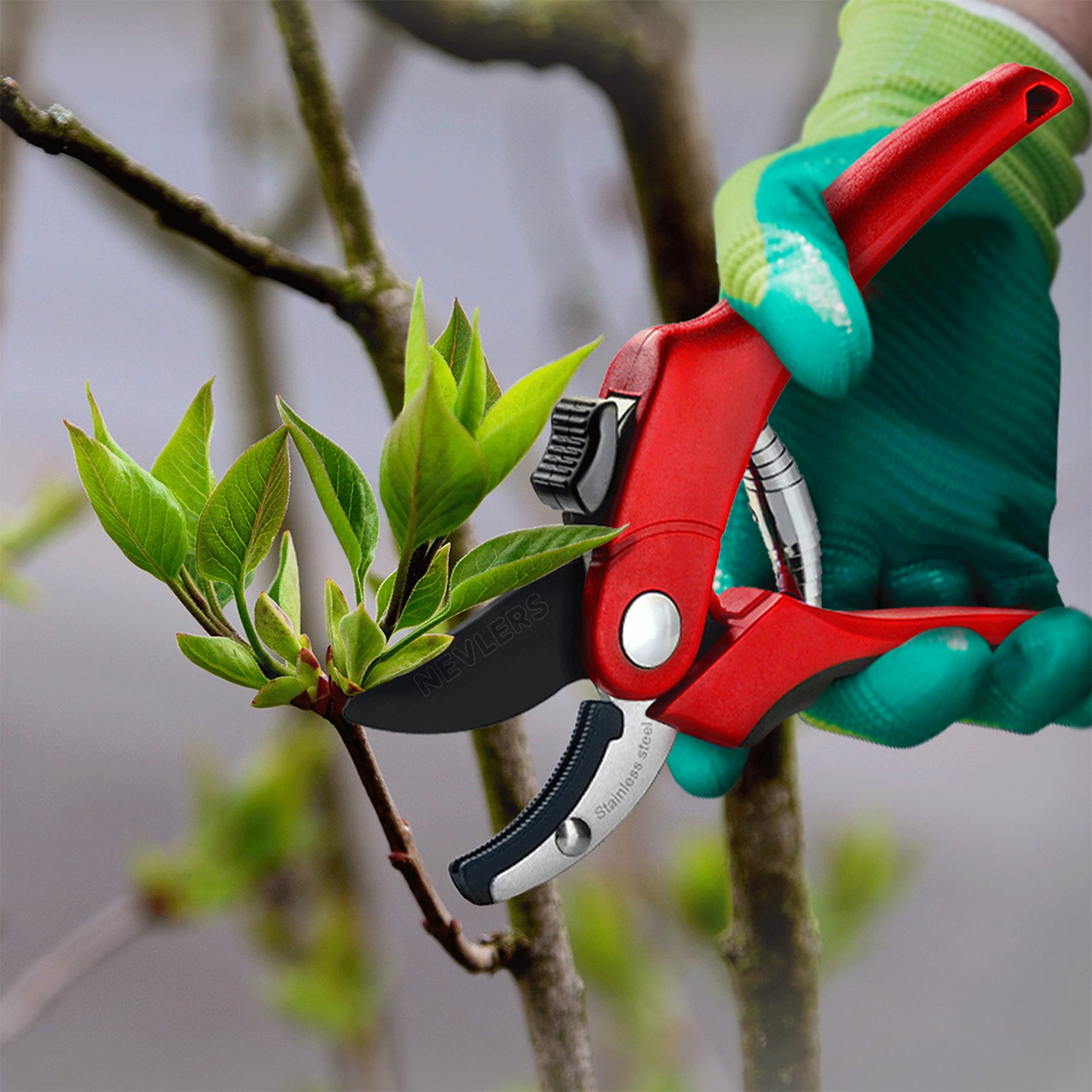 Nevlers 8 Inch Red Anvil Pruning Shears - Stainless Steel Garden Shears with 8mm Cut Capacity | Ergonomic Hand Pruners for Trimming Branches, Shrubs & Plants | Perfect for Gardening, Landscaping & Outdoor Use