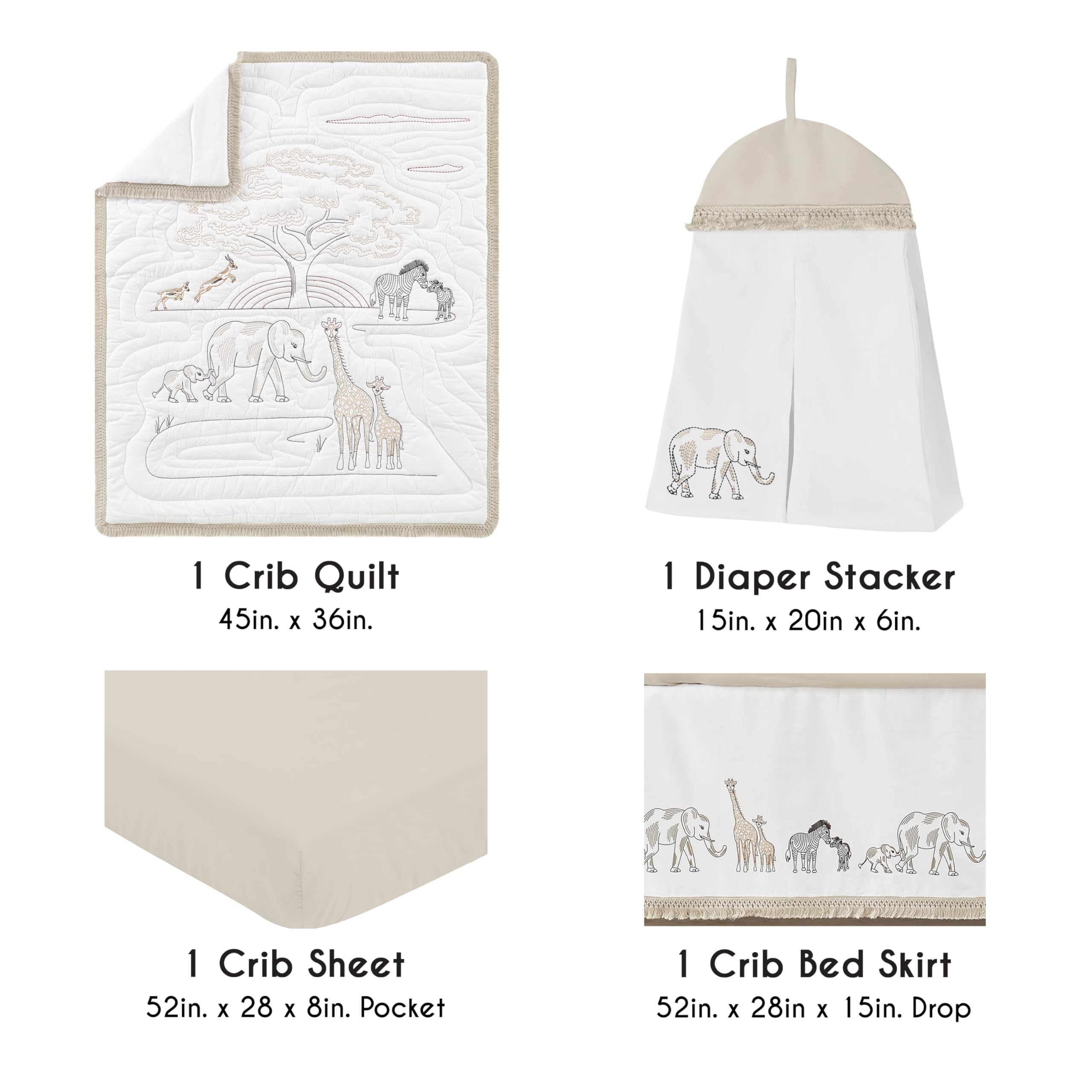 Sweet Jojo Designs 4-Piece Baby Crib Bedding Set - 100% Cotton Jungle Animal Theme for Boys & Girls | Includes Blanket, Fitted Sheet, Skirt & Diaper Stacker | Neutral Wildlife Safari Nursery Decor with Elephants | Perfect for Newborns, Infants & Toddlers | Ideal for Baby Showers, Nurseries & Daycare Centers
