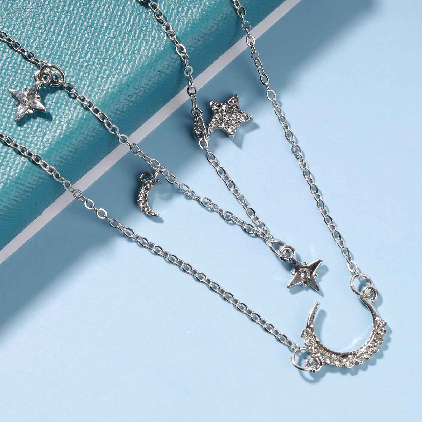Boho CZ Moon & Star Necklace - Silver Layered Choker with Rhinestone Crescent Pendant | Women's Festival Jewelry for Concerts, Raves & Boho Fashion