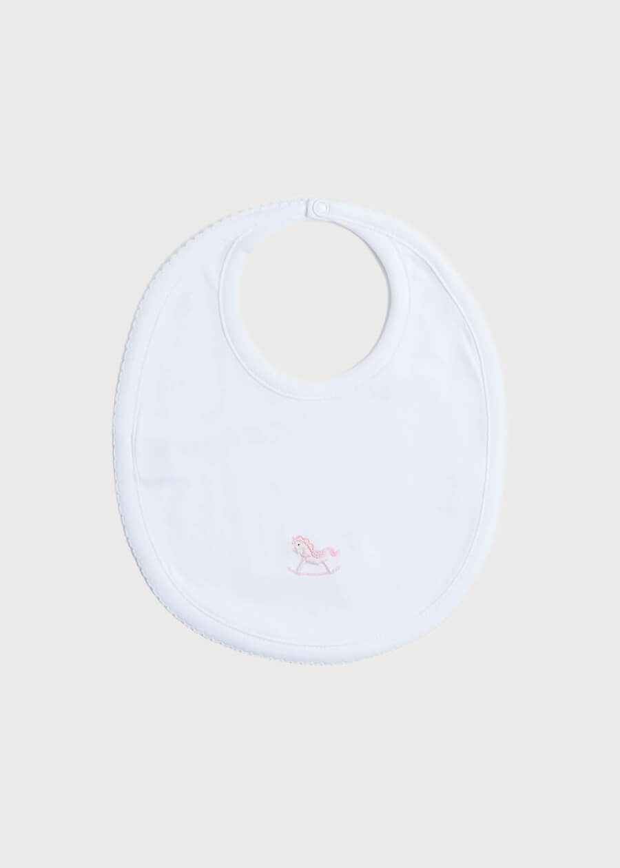 Adorable White Baby Bib with Pink Embroidered Rocking Horse Design - Soft & Absorbent for Feeding, Drool Control & Photo Shoots - Perfect Newborn Gift & Nursery Essential