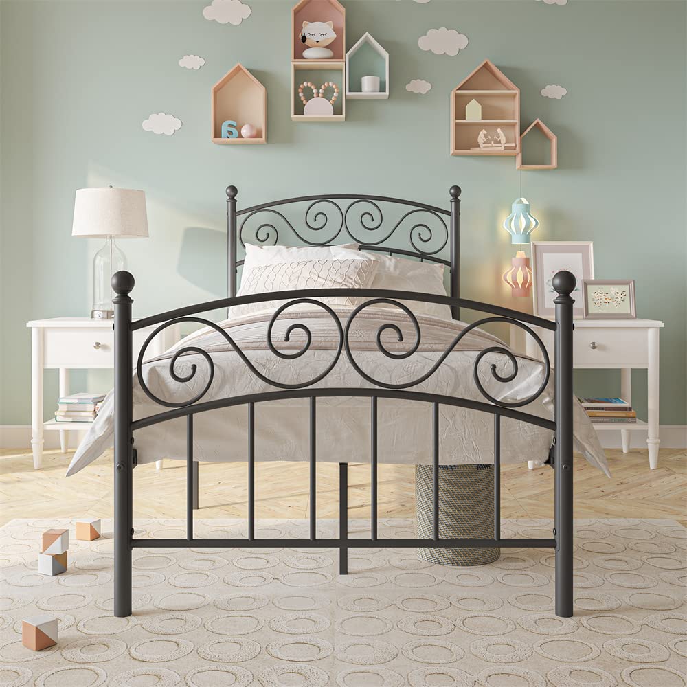 Victorian Style Metal Platform Bed Frame - Twin Size with Headboard & Footboard, Sturdy Steel Slats Mattress Foundation, Under Bed Storage Space, No Box Spring Needed (Black) - Perfect for Small Bedrooms, Guest Rooms & Dormitories