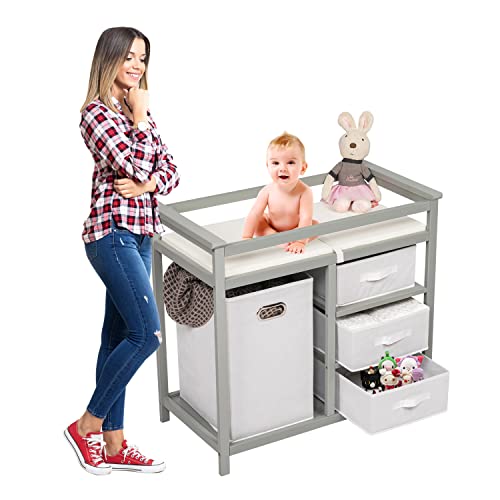 Kinbor Baby Changing Table with Hamper & 3 Storage Baskets - Sturdy Nursery Organizer for Diaper Changing Station | Perfect for Newborn Care & Nursery Organization