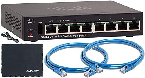 Cisco SG250-08 8-Port Gigabit Smart Switch with 8 RJ45 Ports (SG250-08-K9-NA) | Includes 2 x Cat6e Fluke Tested Ethernet Cables & Microfiber Cloth | Ideal for Home Office, Small Business & Network Setup