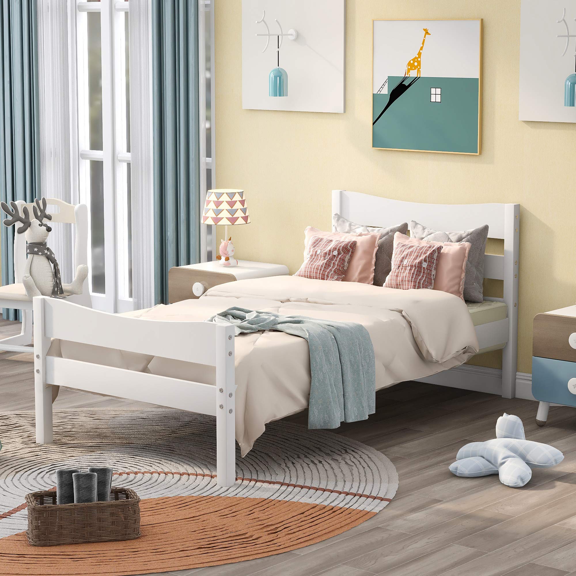Twin Wood Platform Bed Frame with Headboard - Sturdy Mattress Foundation for Kids, Teens, Girls & Boys - Wooden Slat Support, No Box Spring Needed - Perfect for Bedroom & Guest Room (White) - Ideal for Small Spaces, Dorm Rooms & Sleepovers