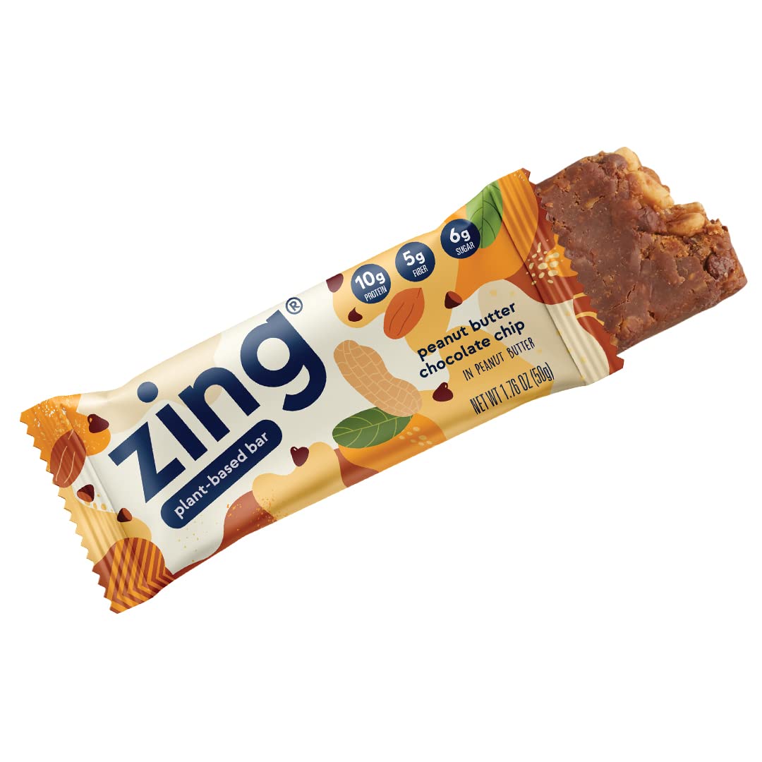 Zing Peanut Butter Chocolate Chip Vegan Protein Bars - Gluten Free, High Protein, High Fiber, Dairy Free, Plant Based, Kosher, Low Sugar, No Sugar Alcohols - 12 Pack | Perfect for Post-Workout Recovery, Healthy Snacking & On-the-Go Nutrition