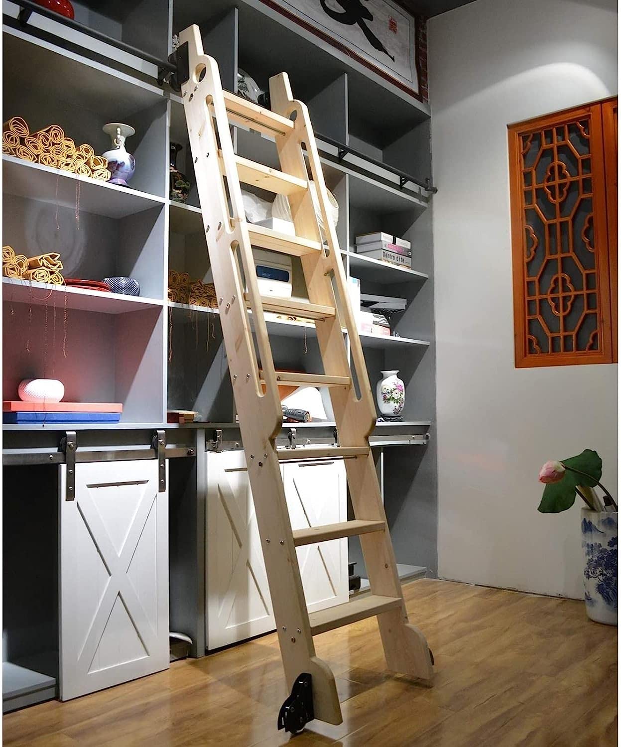 Sliding Barn Door Hardware Kit - Rolling Ladder Rail System with Round Tube Guide for Closet, Library & Cabinet - Perfect for Home, Office & DIY Projects