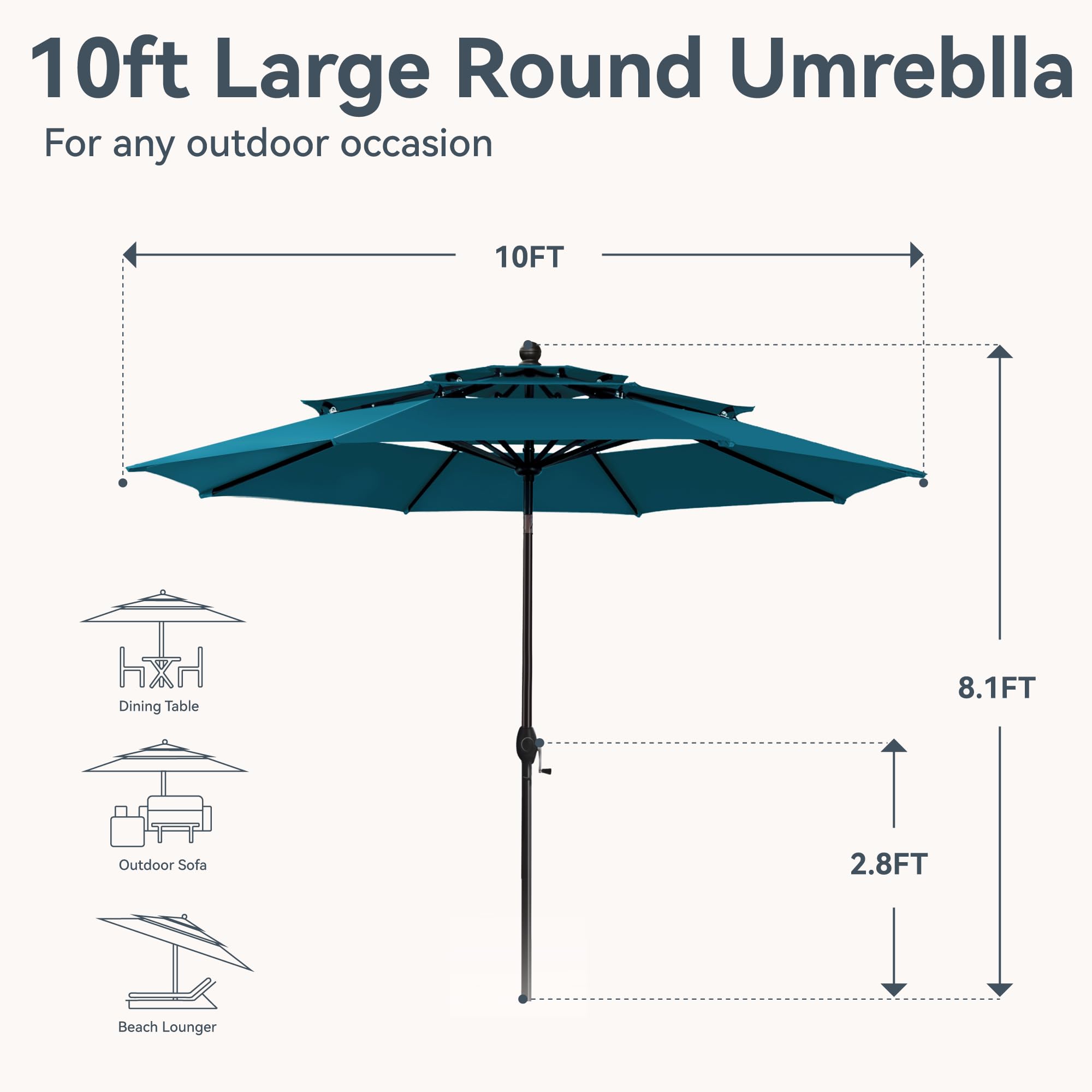 GREEN PARTY 10ft Outdoor Patio Umbrella with Auto-Tilt & Crank - UV Protection Market Umbrella for Garden, Deck, Backyard, Pool - Heavy Duty 8 Ribs & 1.5