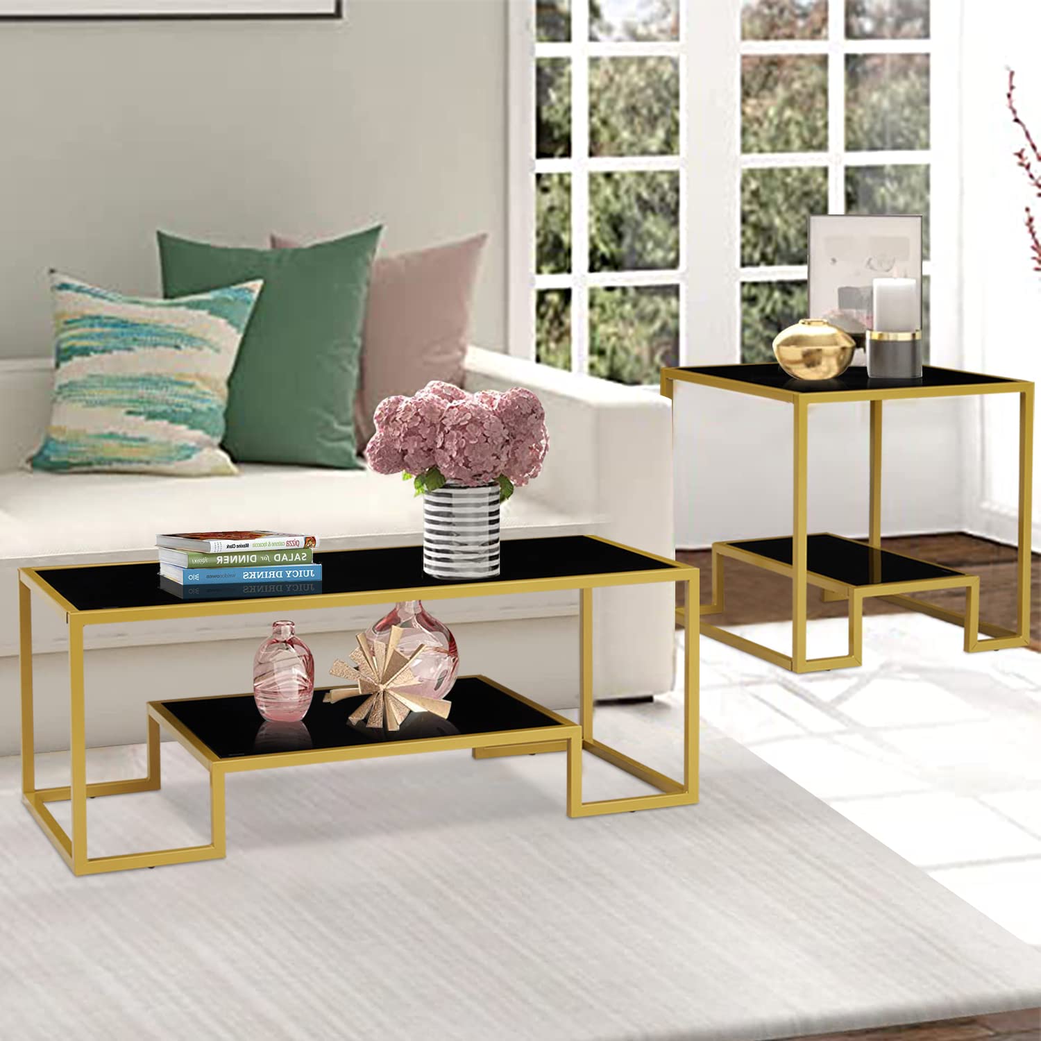 Modern Brass & Black Coffee Table Set with Storage Shelf - 2-Tier Tempered Glass Center Table & Side Tables for Living Room - Elegant Accent Furniture for Home Decor, Small Spaces & Entertaining Guests