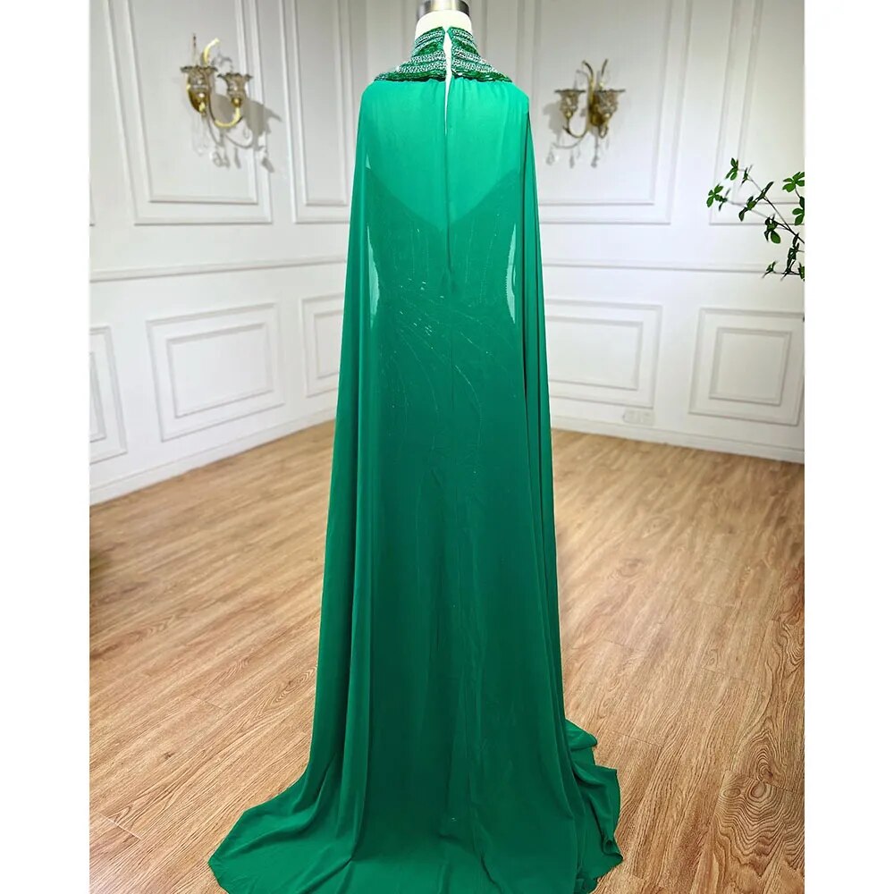 Elegant Beaded Mermaid Evening Gowns with Cape Sleeves & High Slit - Luxury Women's Party Dresses for Prom, Gala & Formal Events - Serene Hill Collection LA72073