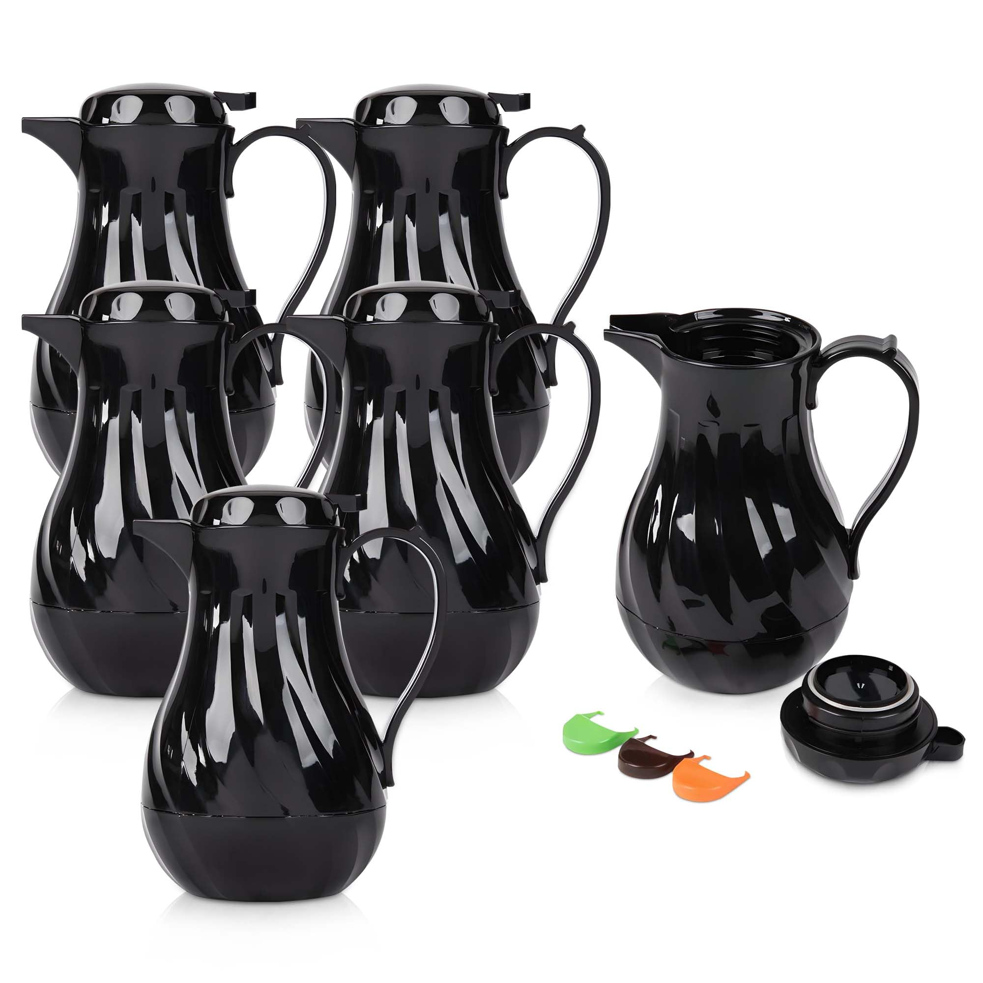OCS Parts Set of 6 Easy Pour Thermal Coffee Carafes | 10-Inch Insulated Hot & Cold Beverage Pitcher Server for Coffee, Tea, Hot Chocolate & Water | 42-Ounce Capacity | Black | Perfect for Restaurants, Cafes, Offices & Home Use
