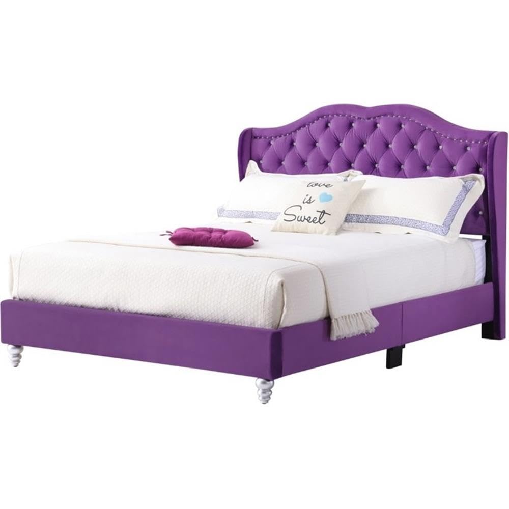 Glory Furniture Joy Velvet Upholstered Full Size Bed Frame in Purple - Luxurious Bedroom Furniture for Master Bedroom or Guest Room