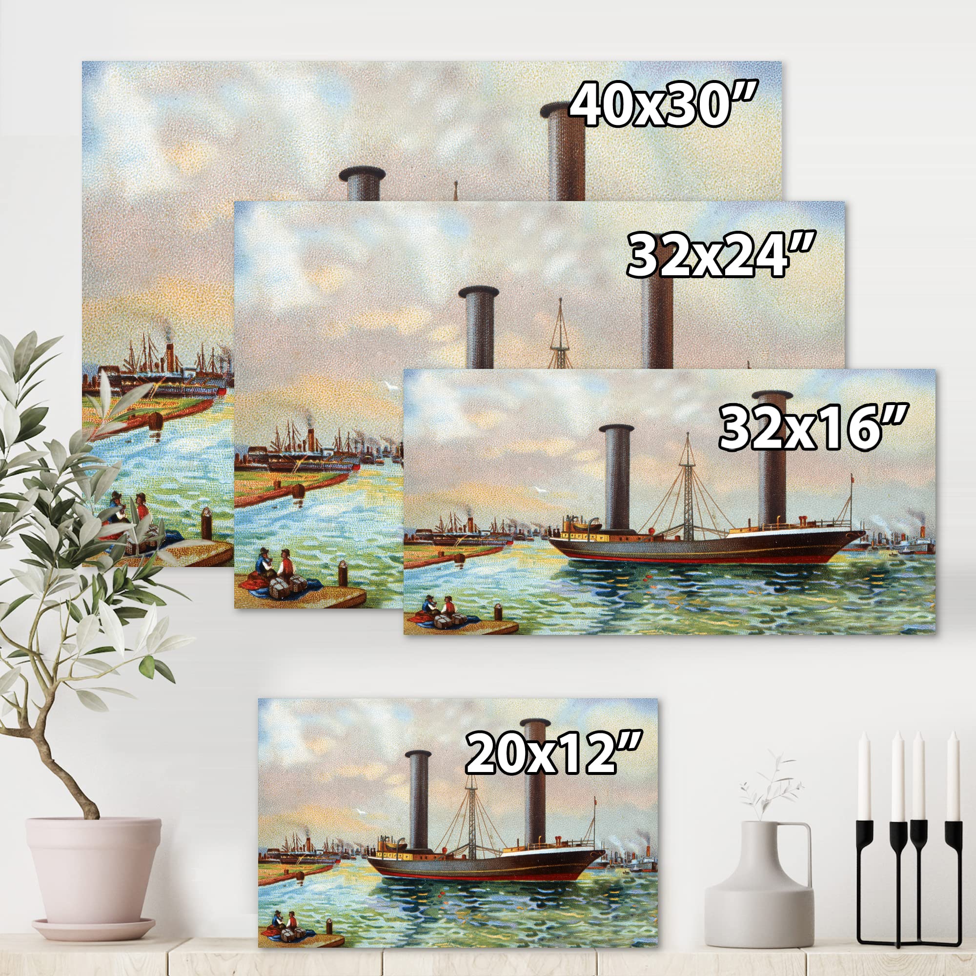 DesignQ Ancient Boat Leaving The Harbor Nautical Coastal Canvas Wall Art - Perfect for Beach House Decor, Living Room & Office Wall Decor