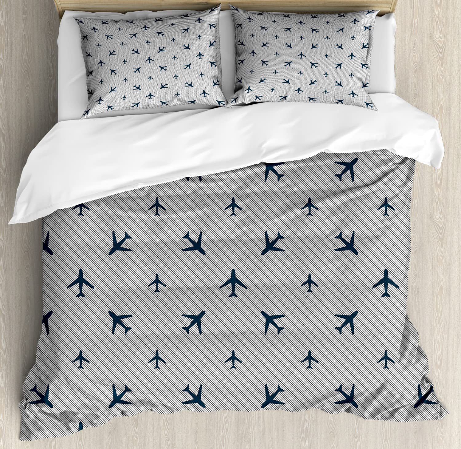 Ambesonne Airplane Duvet Cover Set - Diagonal Stripes Travel Silhouette Aviation Theme Bedding | 2 Duvet Covers & 4 Pillowcases | Queen Size 2-Pack in Petrol Blue Black White | Perfect for Travel Enthusiasts & Aviation Lovers Bedroom Decor