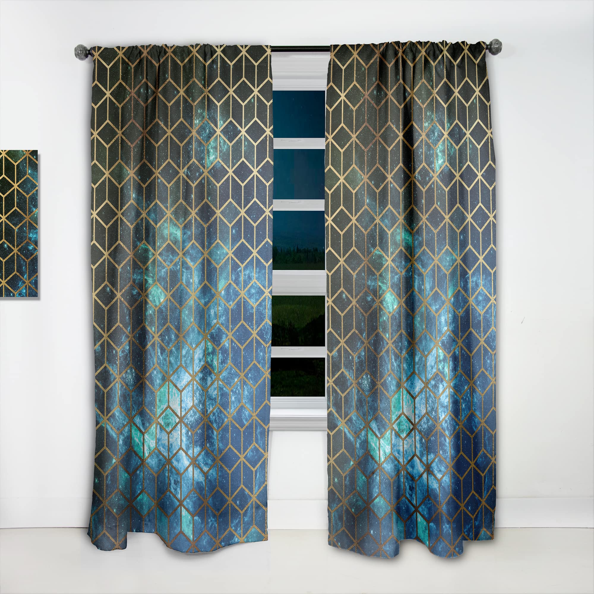 DesignQ Thermal Insulated Curtains - Yellow Cubes Over Blue Cosmic Pattern, 52x120 Inch Single Panel for Bedroom & Living Room - Blackout Drapes for Energy Efficiency & Privacy