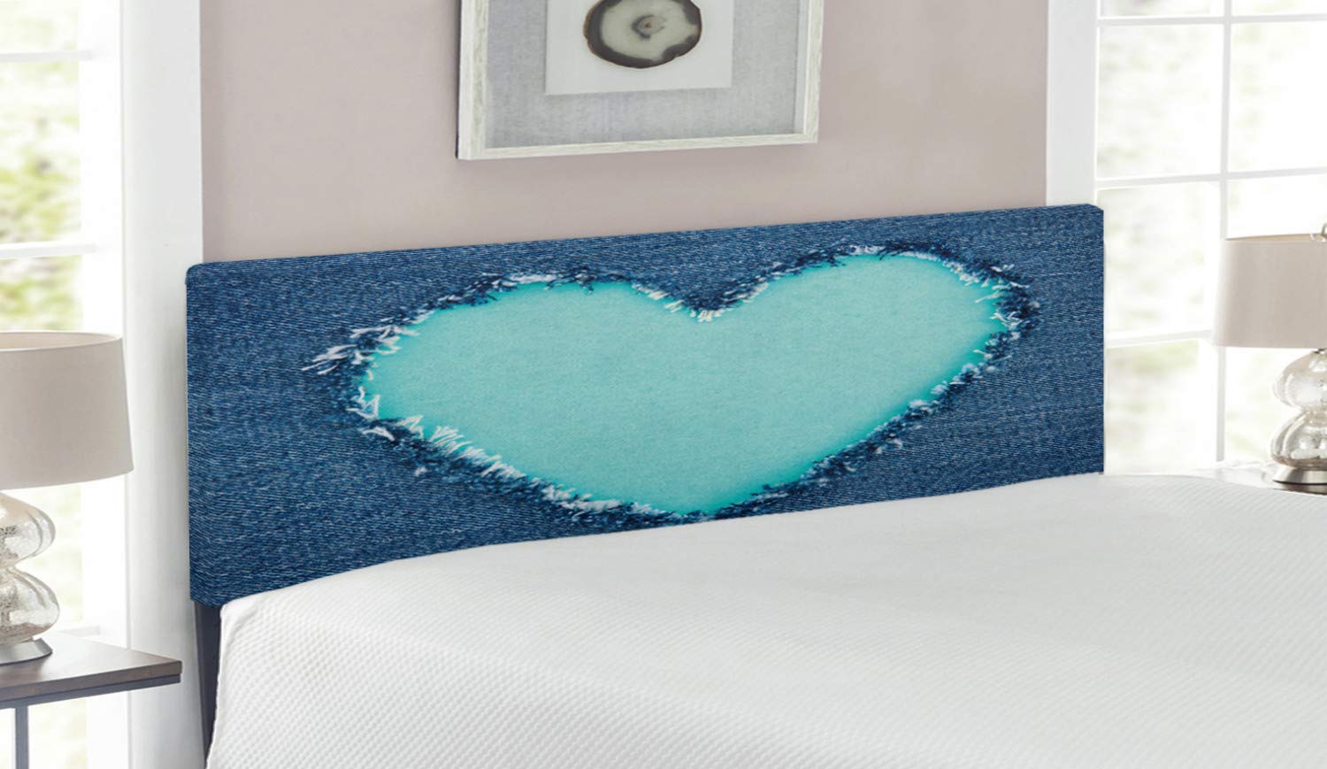 Ambesonne Navy and Teal Upholstered Headboard with Memory Foam - Romantic Ripped Heart Design for Queen Size Bed - Perfect for Valentine's Day Decor and Bedroom Makeover