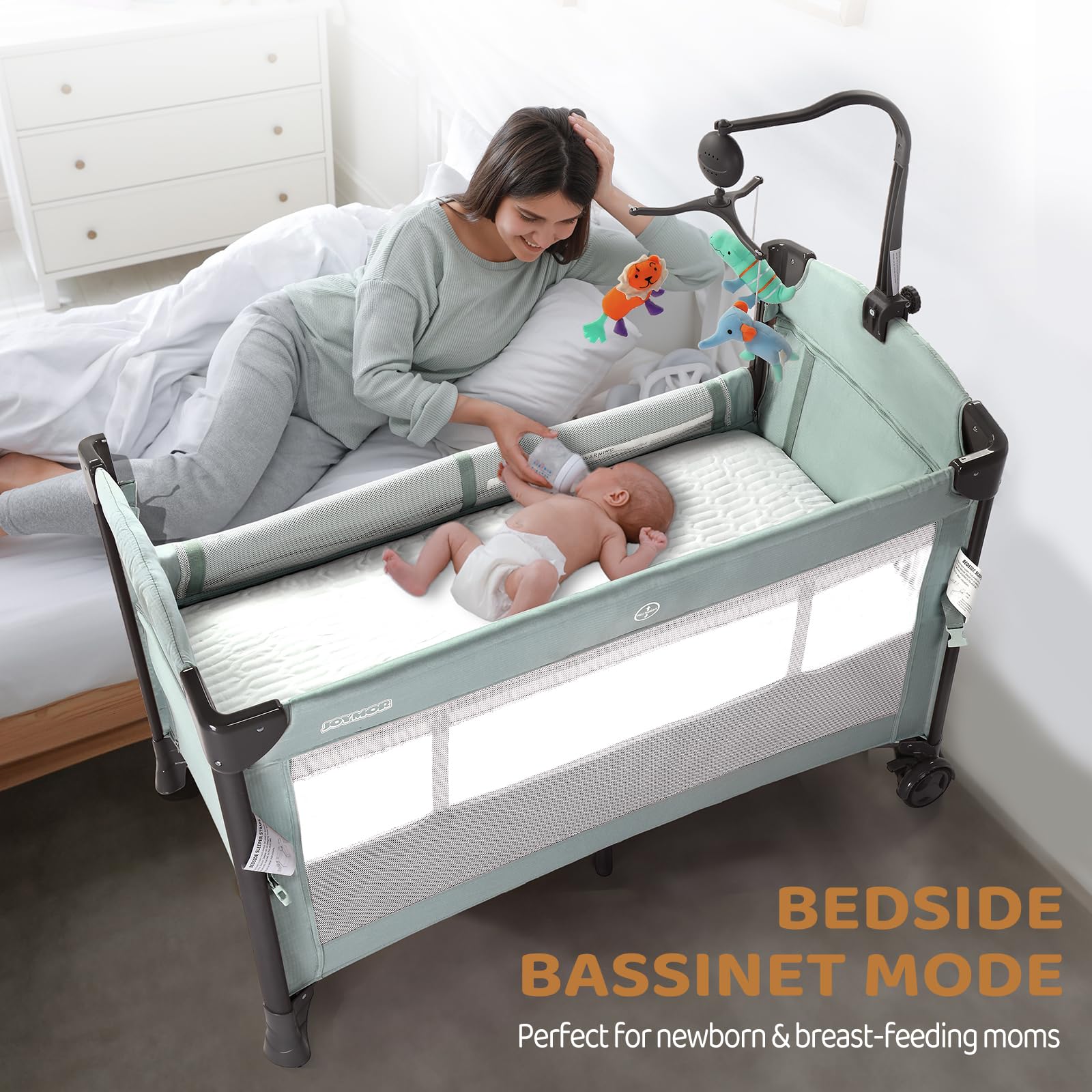 JOYMOR 3-in-1 Baby Bedside Bassinet & Sleeper with Mattress - Convertible to Playpen & Portable Travel Crib | Includes Toy, Wheels, Brake & Carry Bag | Perfect for Newborns, Nursery & On-the-Go Parents