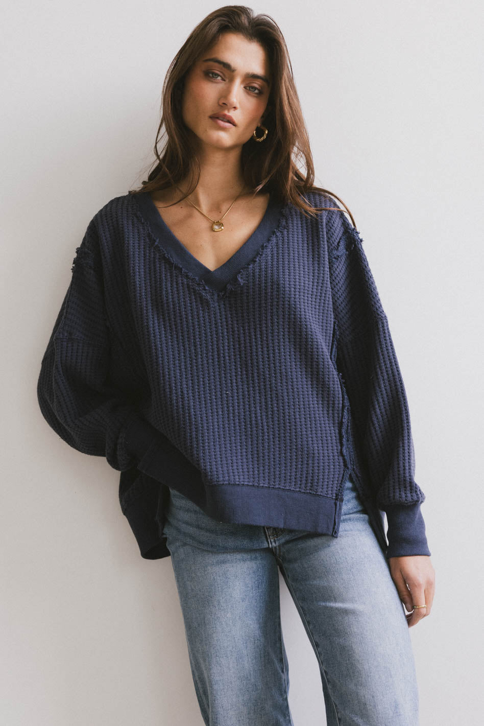 Ellis Waffle Knit Top Women's Long Sleeve Crewneck Sweater - Navy Blue Casual Winter Pullover for Work, Date Night & Cozy Outfits