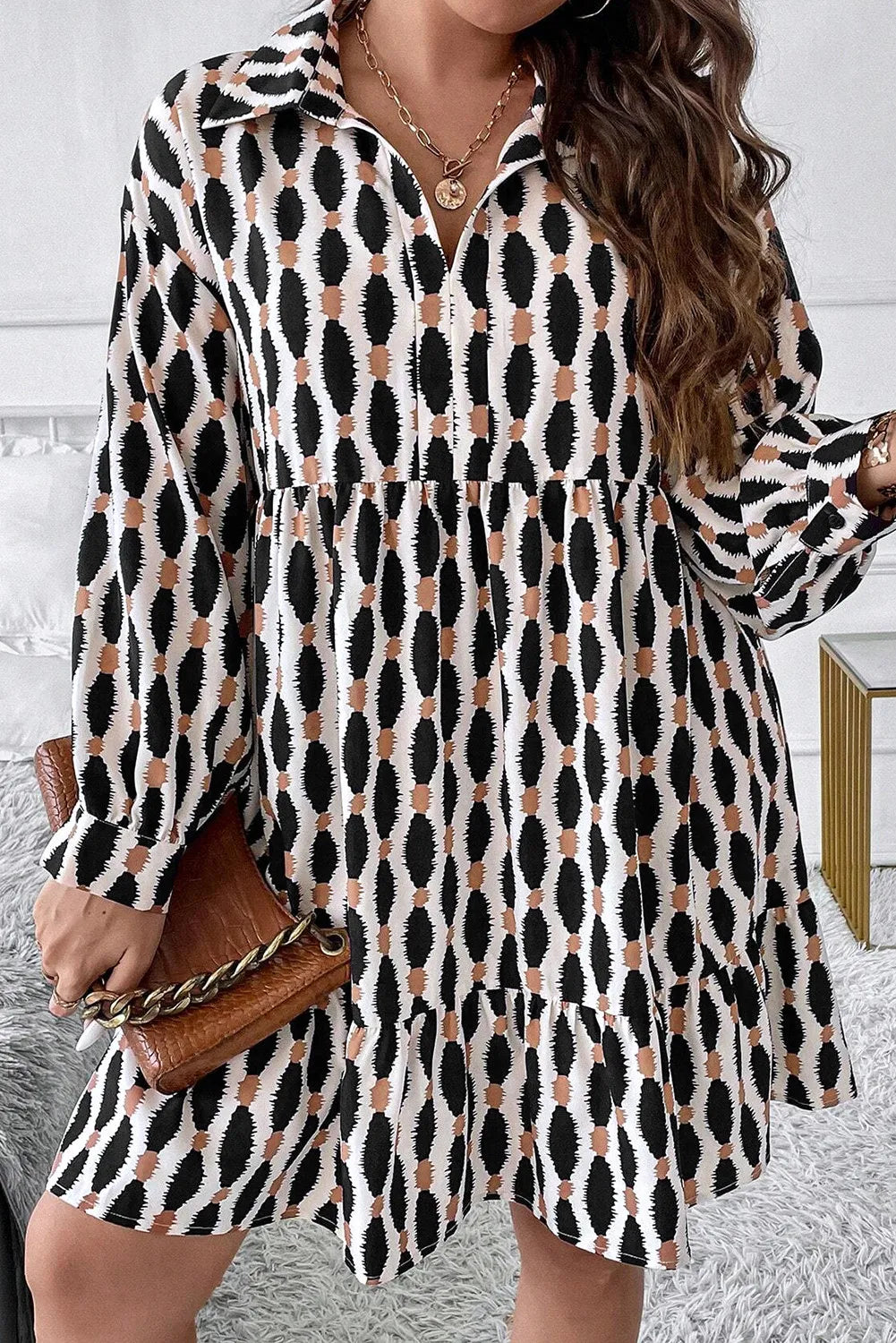 Stylish Plus Size Printed Johnny Collar Long Sleeve Resort Dress for Women - Perfect for Beach Vacations, Summer Getaways & Casual Outings
