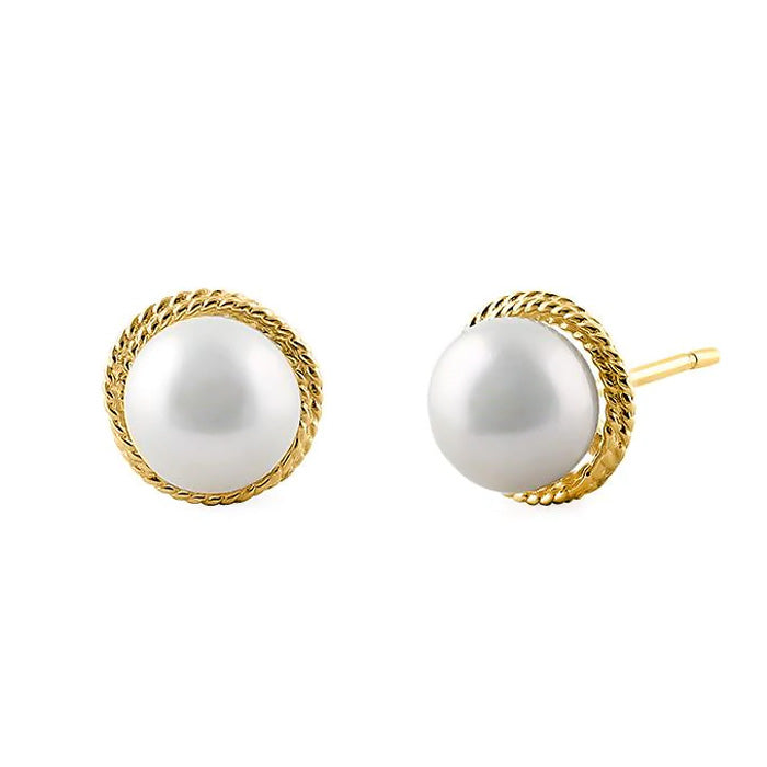14K Solid Yellow Gold Pearl Stud Earrings for Women - Classic Elegant Jewelry Gift for Brides, Weddings & Special Occasions