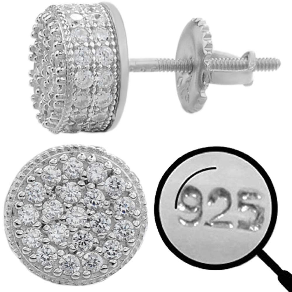 925 Sterling Silver Men's Iced CZ Round Earrings - 1/3