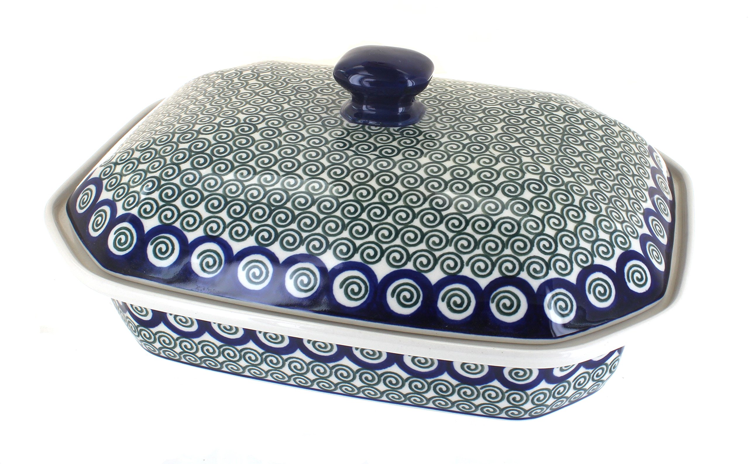 Blue Rose Polish Pottery Peacock Swirl Large Covered Baker - Handmade Ceramic Casserole Dish for Baking, Serving & Entertaining - Perfect for Holidays, Dinner Parties & Special Occasions