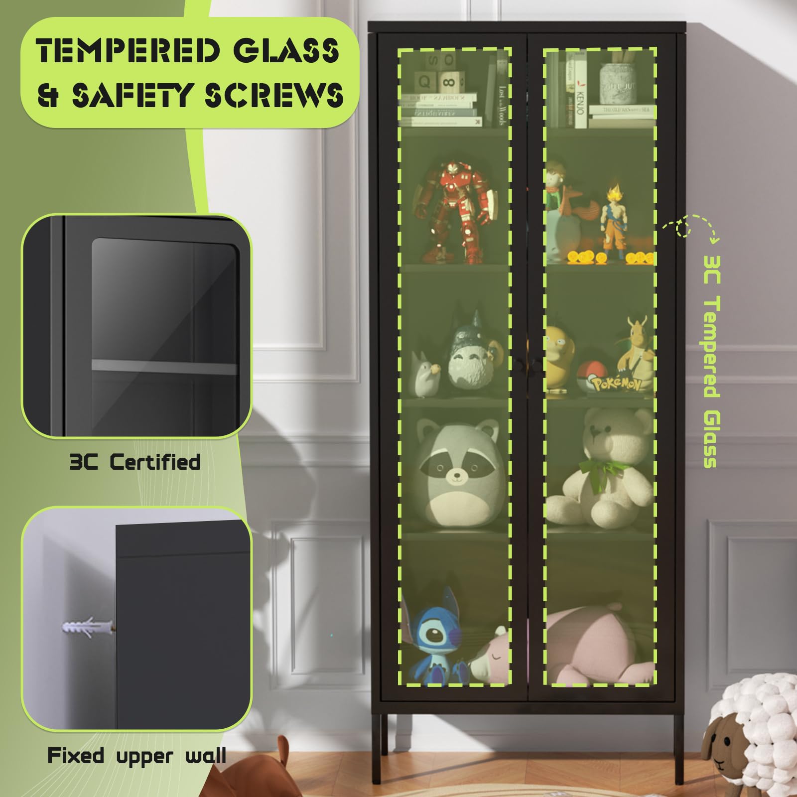 Betterland Black Metal Storage Cabinet with 2 Glass Doors & 4 Shelves - Lockable Curio Display Cabinet for Home, Pantry, Kitchen - Perfect for Showcasing Collectibles, Storing Spices, or Organizing Kitchen Supplies