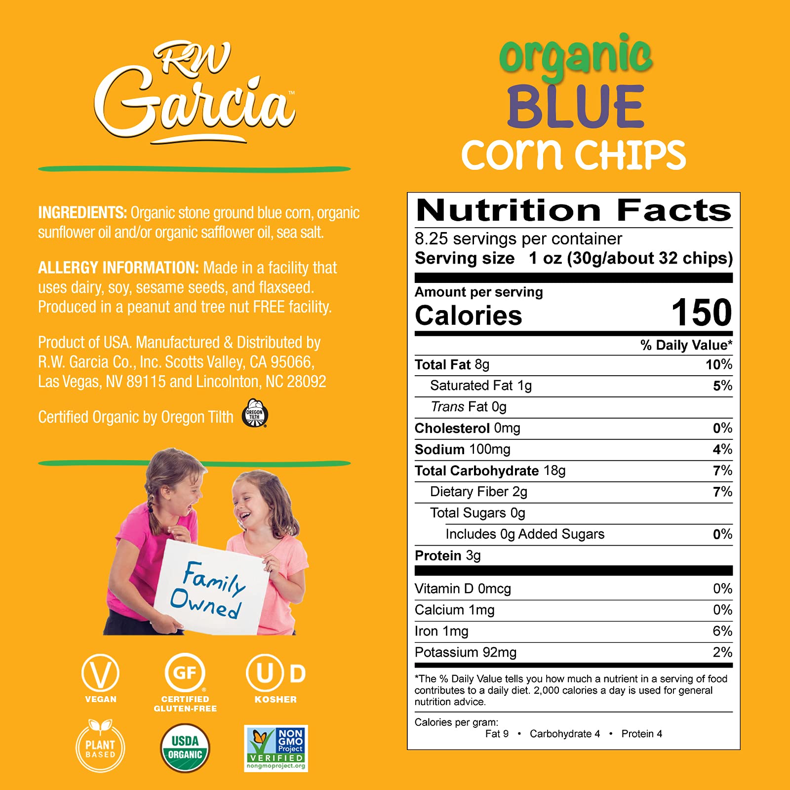 Organic Blue Corn Chips by RW Garcia - Gluten Free, Non-GMO, 8.25oz Bags (Pack of 4) | Healthy Snack for Parties, Movie Nights & Keto Diets