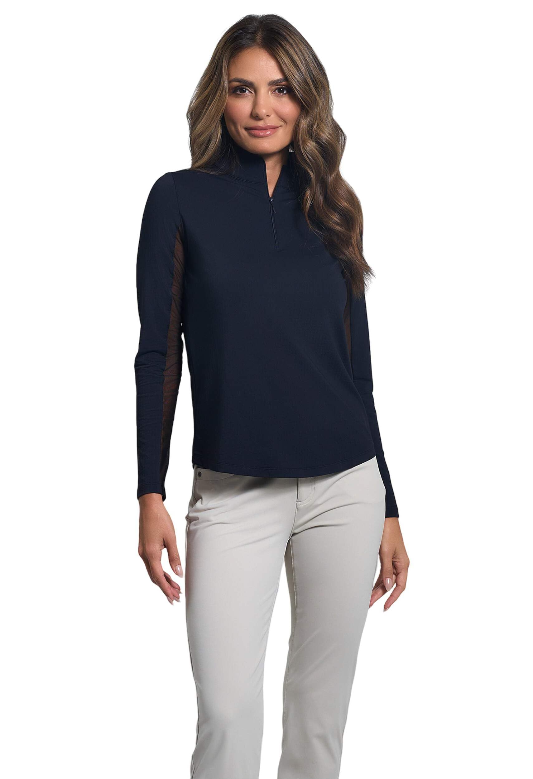 IBKUL Women's Solid Color Long Sleeve 1/4 Zip Mock Neck Pullover Shirt - Comfortable Workout Top for Yoga, Running & Casual Wear