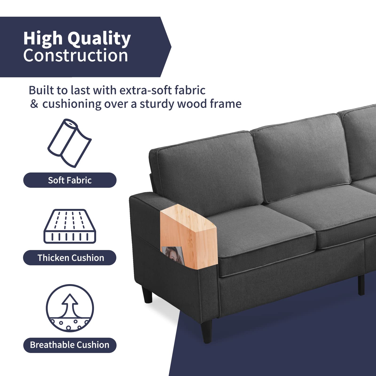 4-Piece Sectional Sofa Set with Storage Ottoman - Dark Grey Living Room Furniture (3-Seat Sofa, Loveseat, Armchair & Ottoman) | Perfect for Small Spaces, Apartments & Family Gatherings