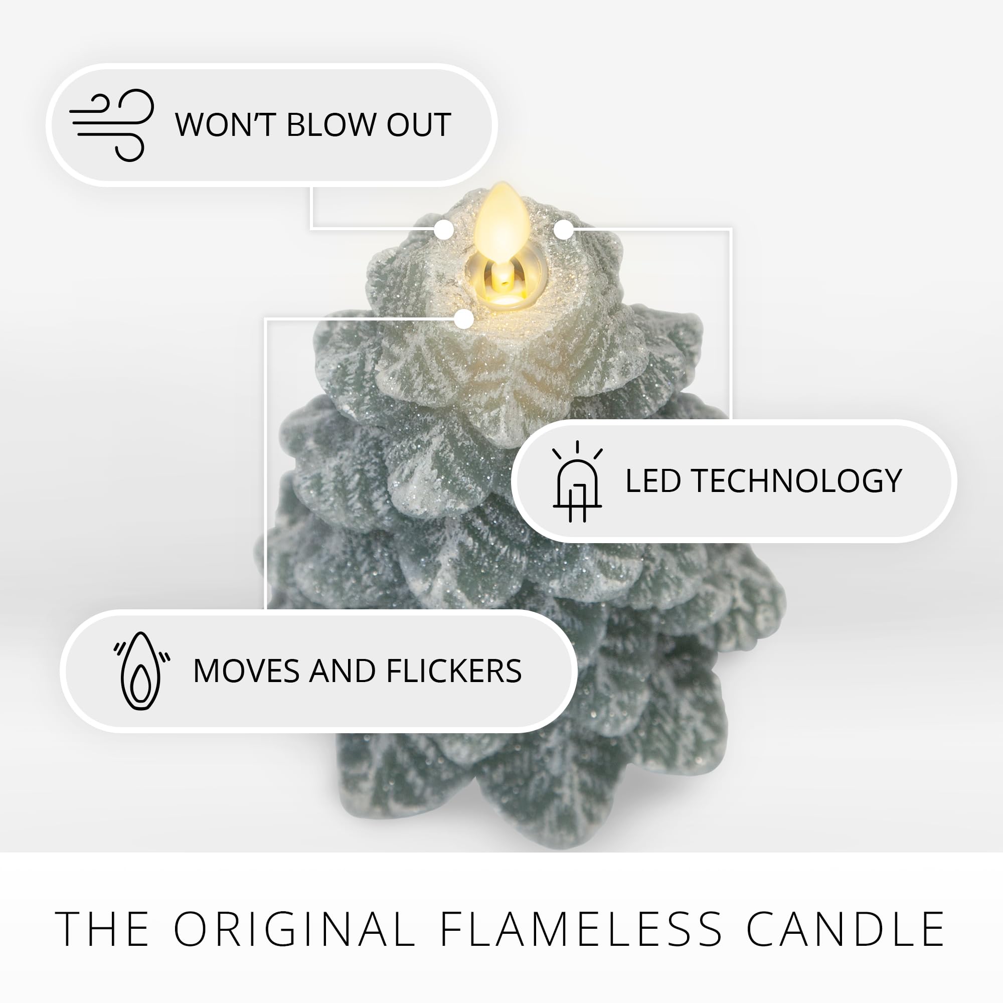 Luminara Flameless LED Candle - Christmas Tree Design with Glitter & Snow Finish, Battery-Operated Realistic Flickering Flame, Timer & Remote Control - 4.7x6.5 Inch Green Decorative Candle for Holiday Home Decor, Winter Weddings & Cozy Ambiance