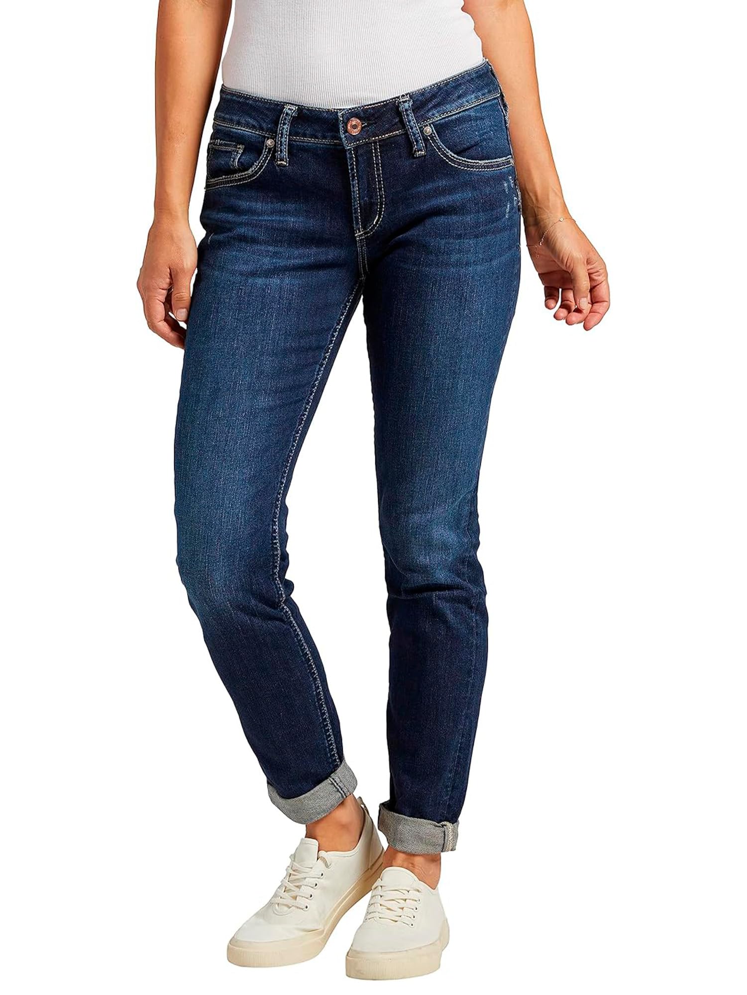 Silver Jeans Co. Women's Boyfriend Mid Rise Slim Leg Jeans - Comfortable Stretch Denim Pants for Casual Wear & Everyday Outfits