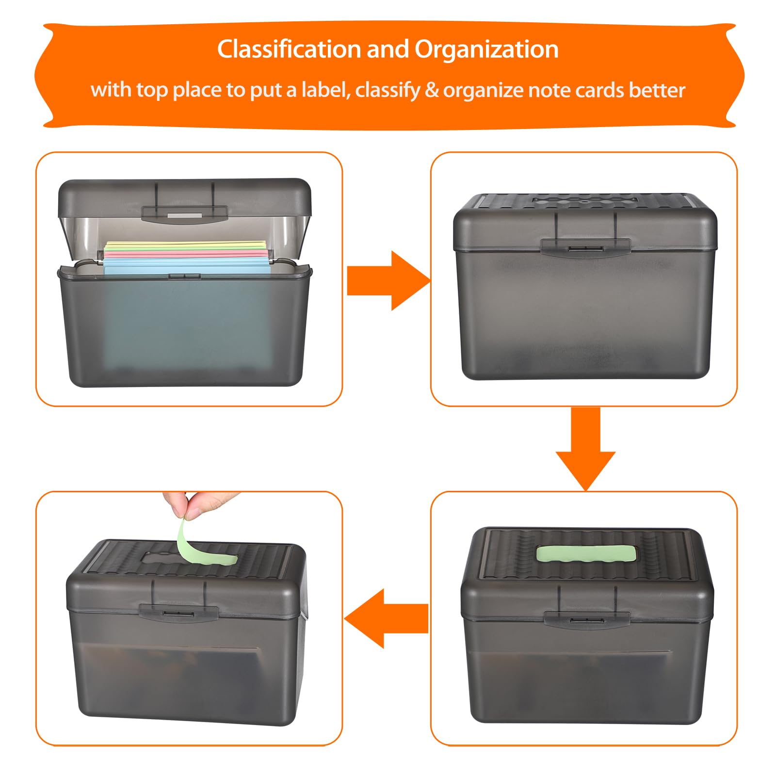 BTSKY 4-Pack 4x6 Inch Index Card Box - Plastic Storage Organizer for Index Cards, Note Cards, Flashcards & Recipes - Grey (Cards Not Included) - Perfect for Office, School, Kitchen & Home Organization